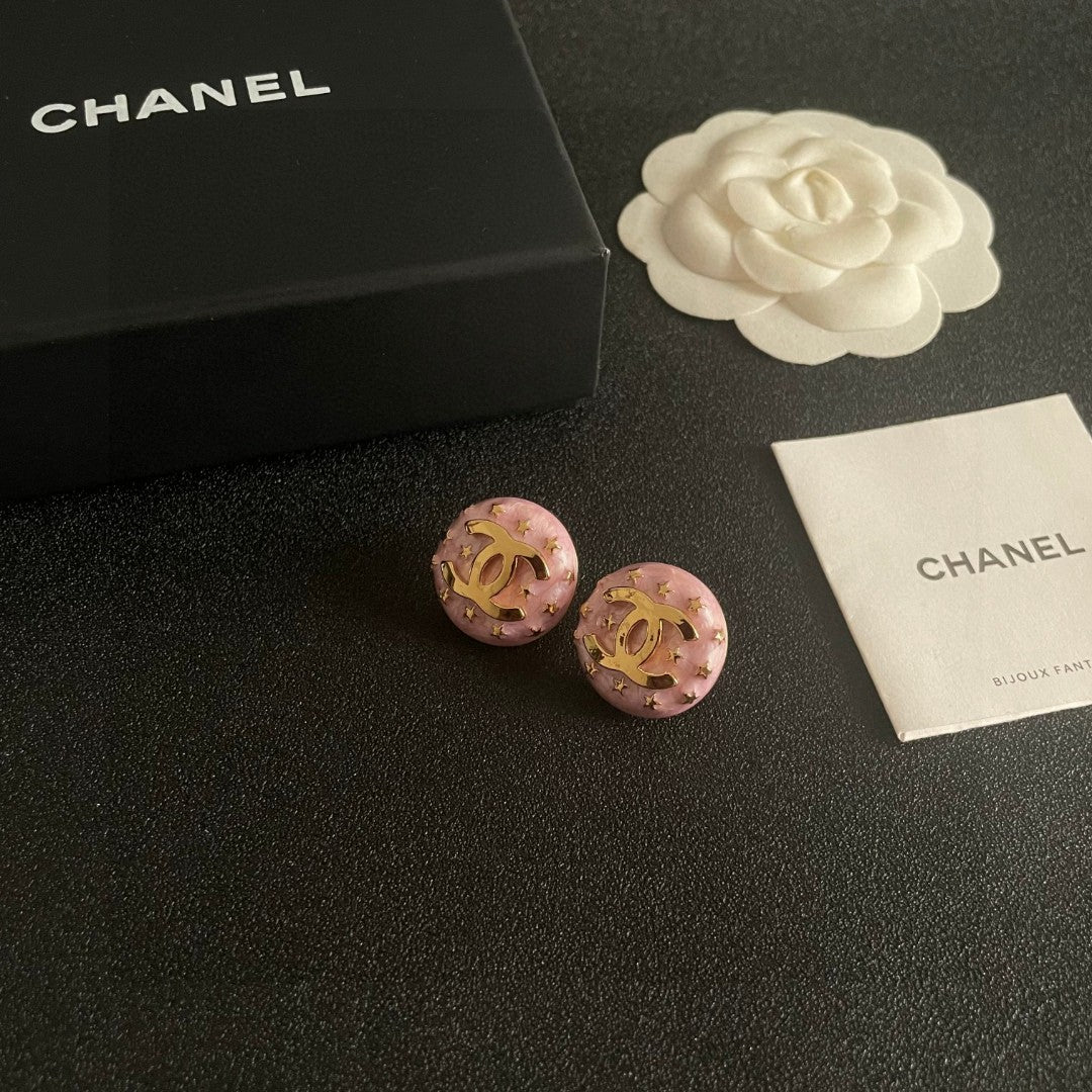Double-C Emblem Stud Earrings in Polished Metal-Tone – Star Detail – Design 012 styled product view