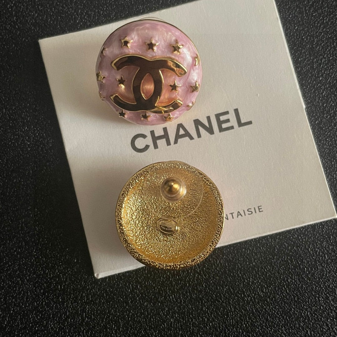 Double-C Emblem Stud Earrings in Polished Metal-Tone – Star Detail – Design 012 main product view