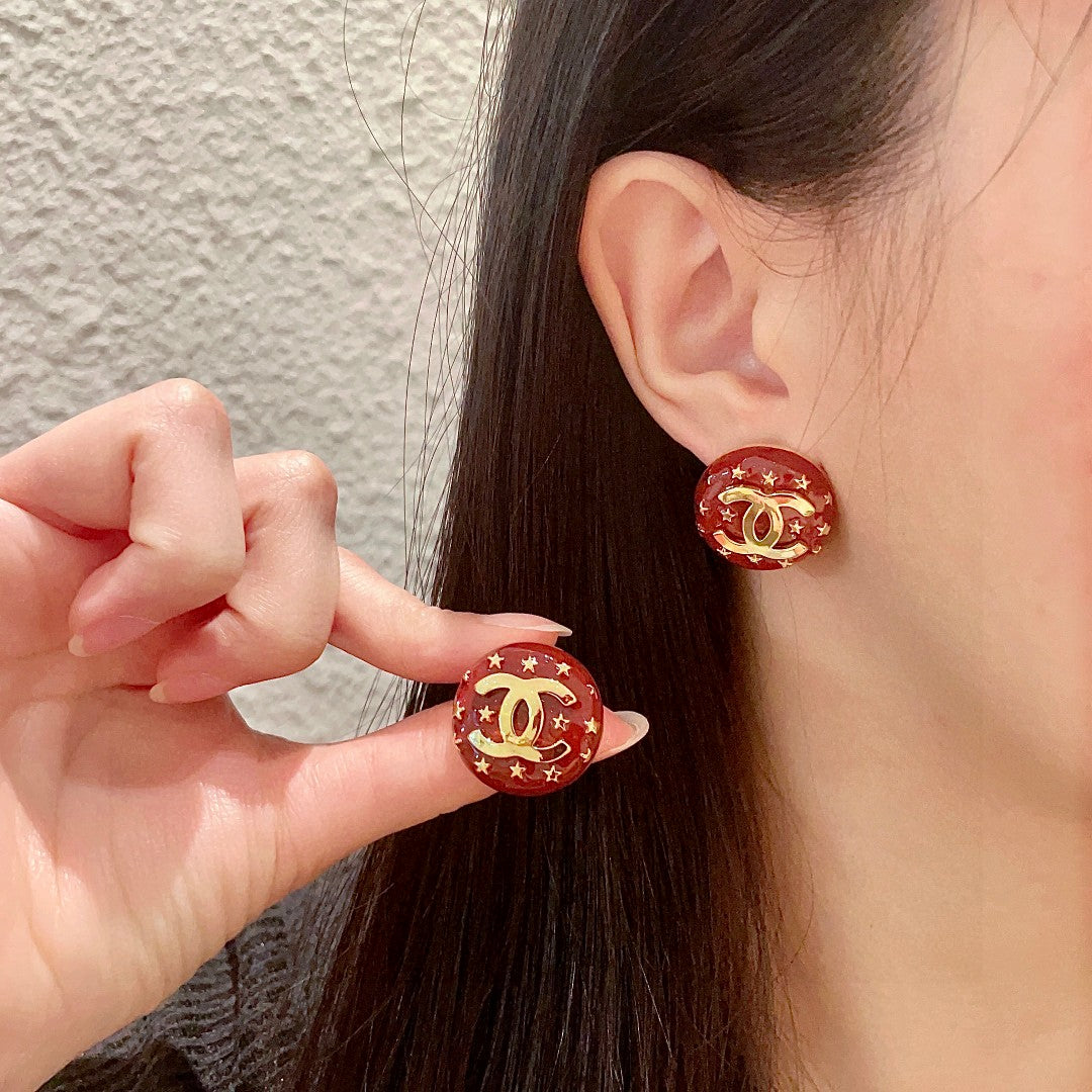 Double-C Emblem Stud Earrings in Polished Metal-Tone – Star Detail – Design 011 main product view