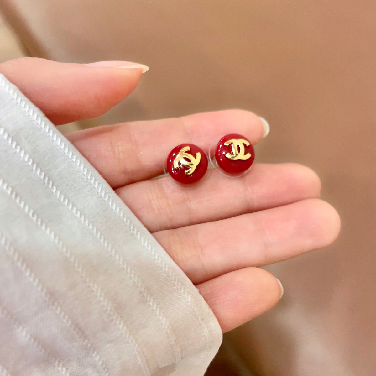 Signature Emblem Stud Earrings in Polished Metal-Tone – Design 049 side detail