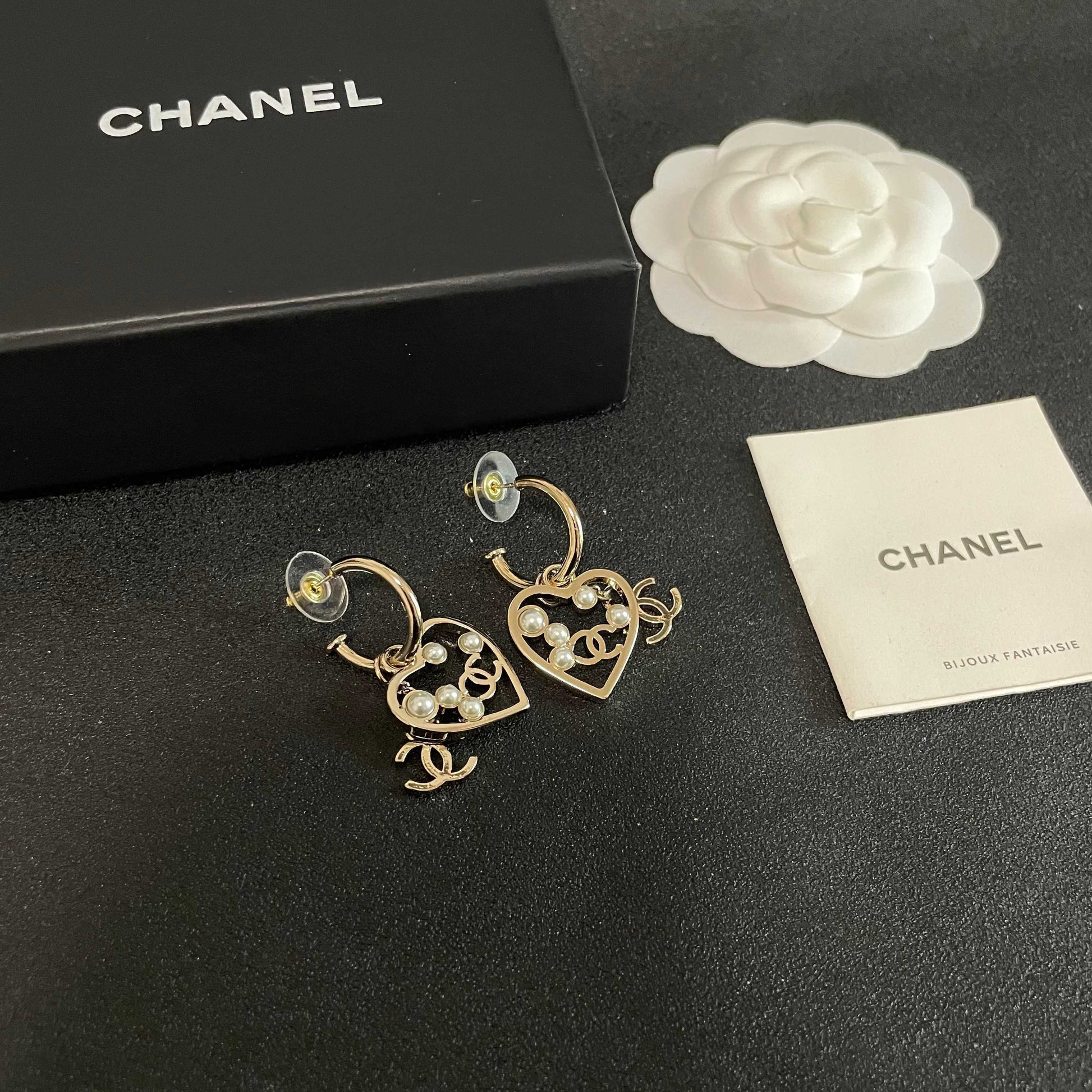 Double-C Emblem Stud Earrings in Polished Metal-Tone – Heart Detail – Design 009 styled product view