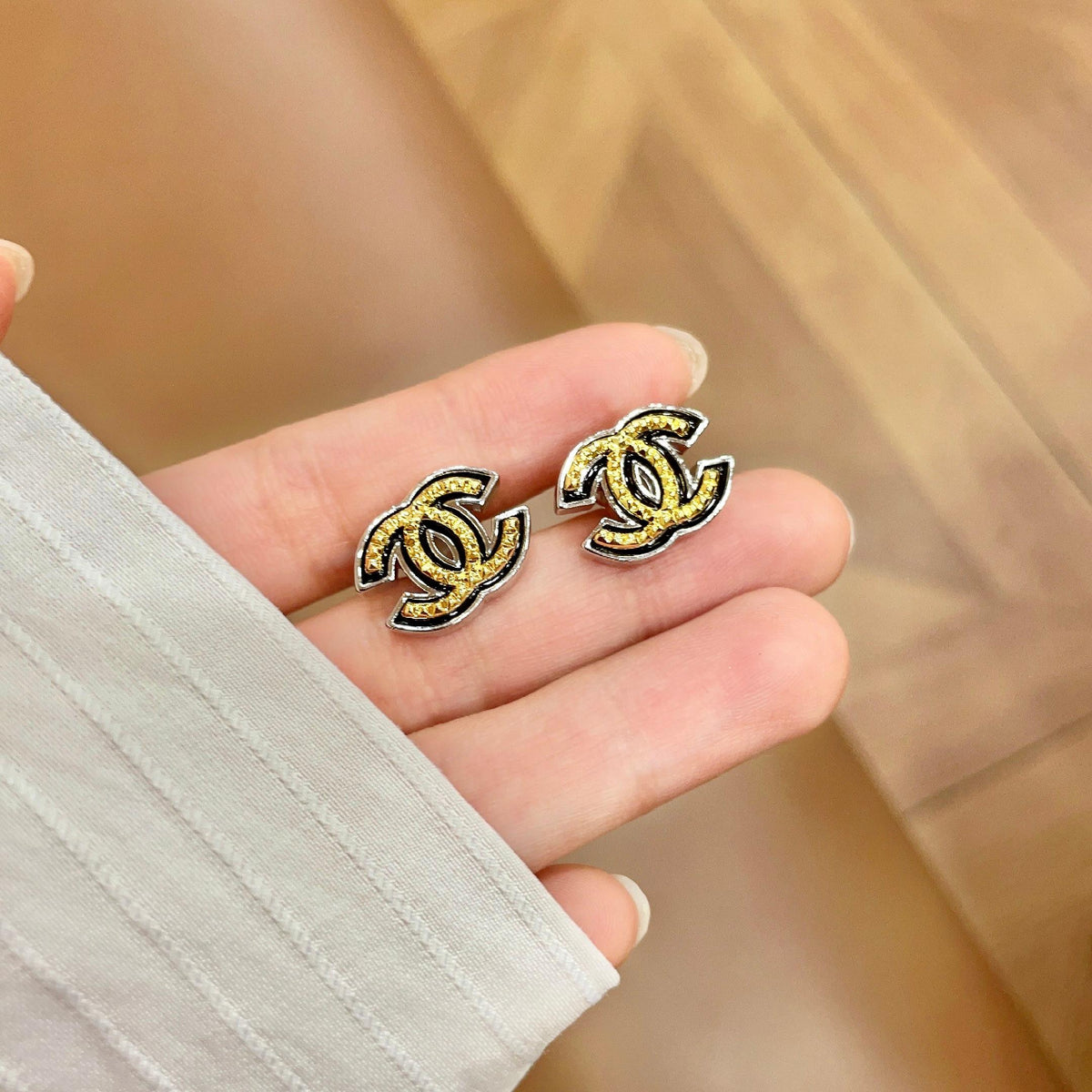 Signature Emblem Stud Earrings in Polished Metal-Tone – Design 038 side detail