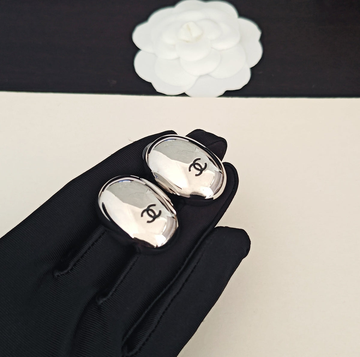 Signature Emblem Stud Earrings in Gold-Tone – White Detail main product view