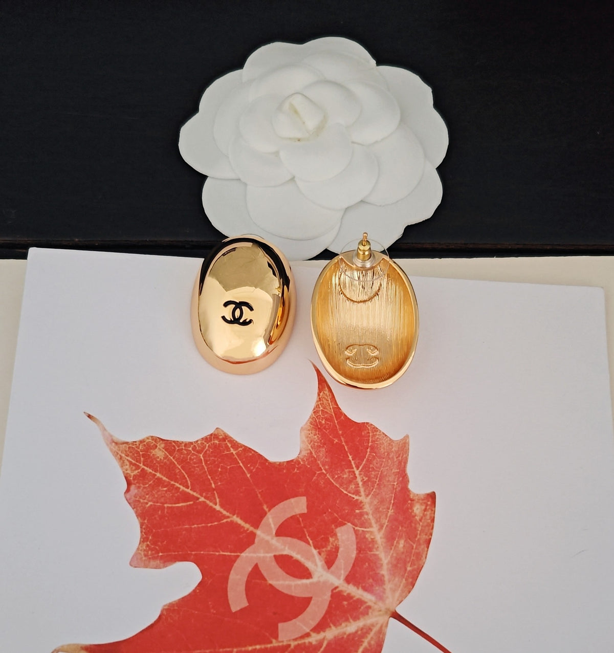 Signature Emblem Stud Earrings in Gold-Tone – Design 003 detail view