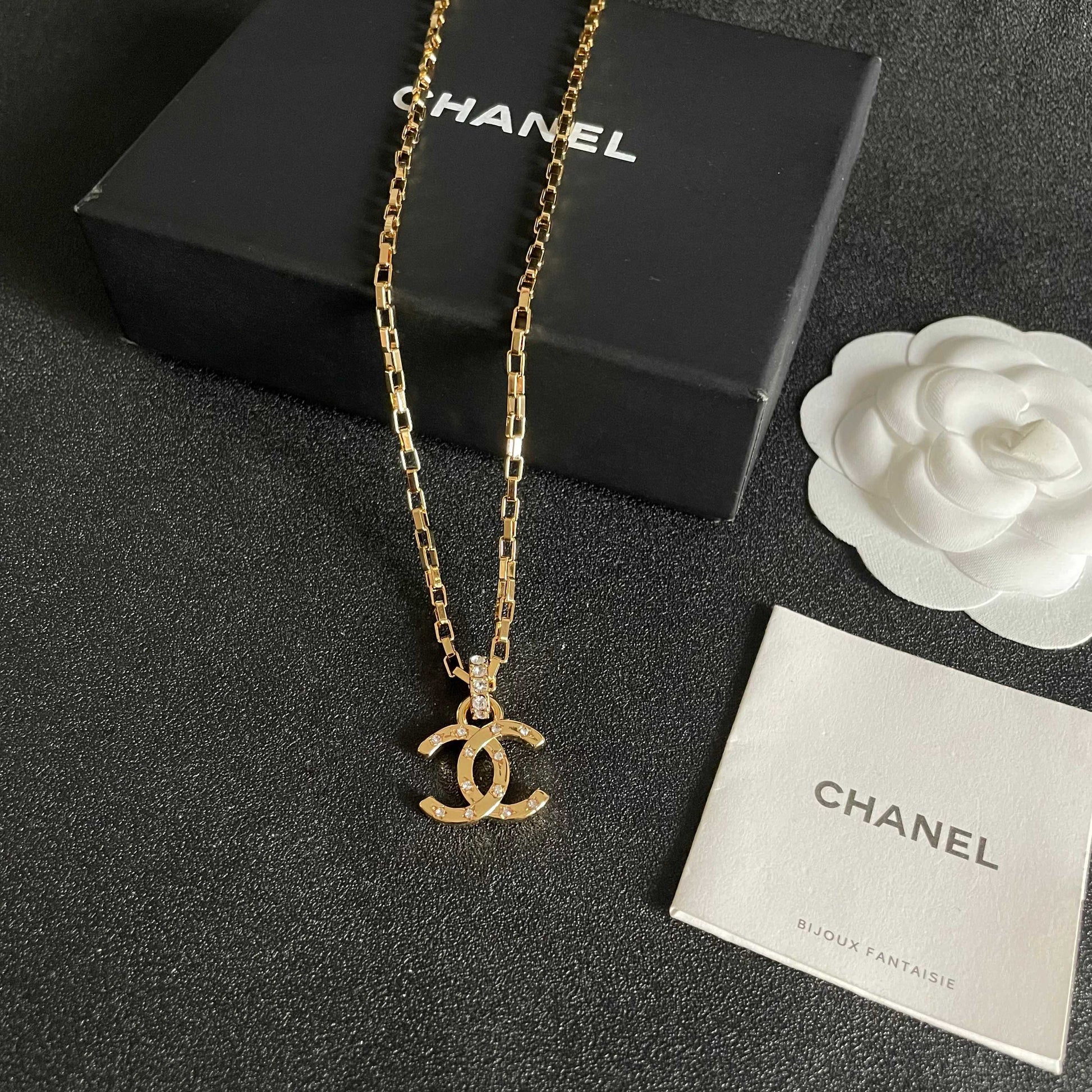 Double-C Emblem Crystal-Accent Pendant Necklace – Design 033 close-up detail