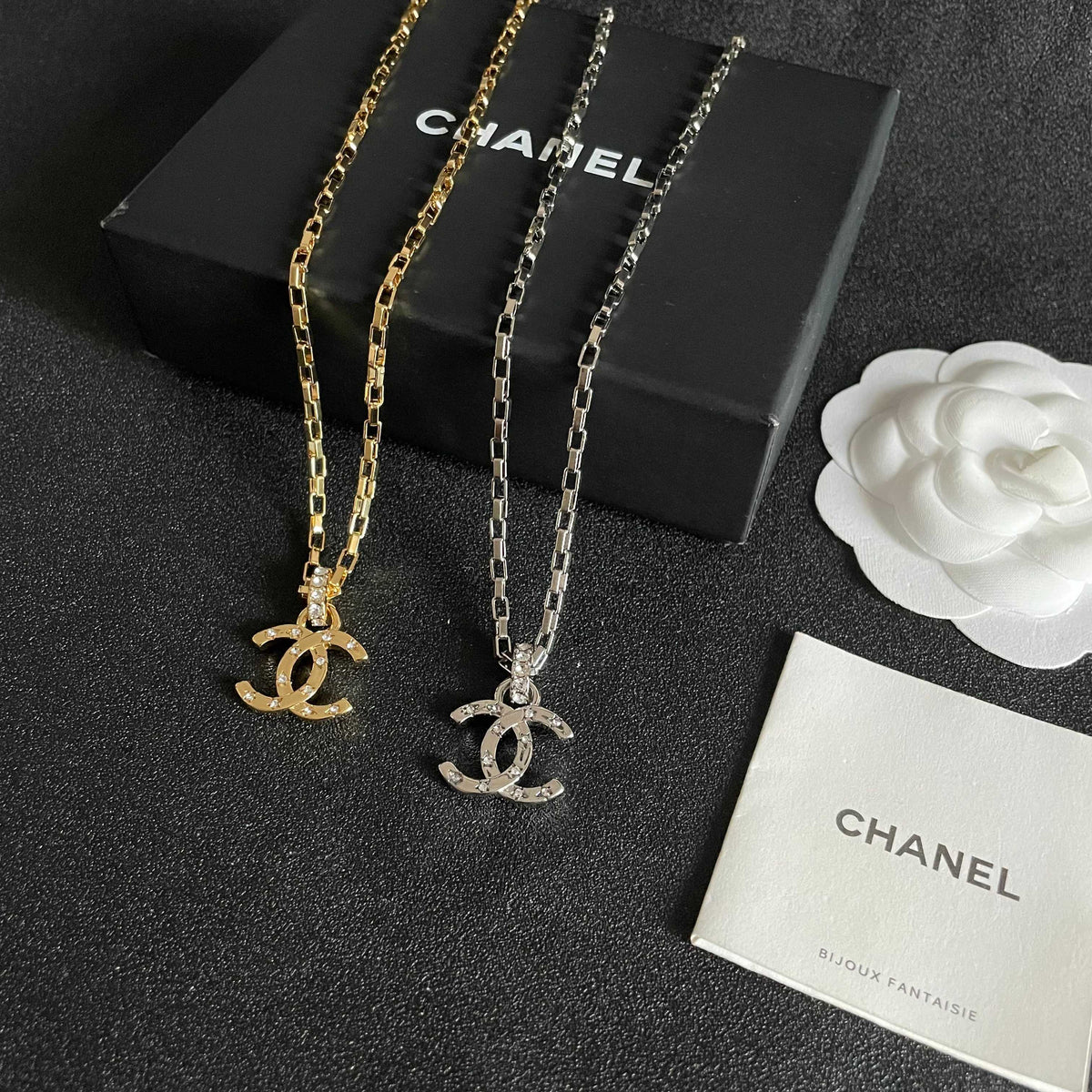 Double-C Emblem Crystal-Accent Pendant Necklace – Design 032 close-up detail