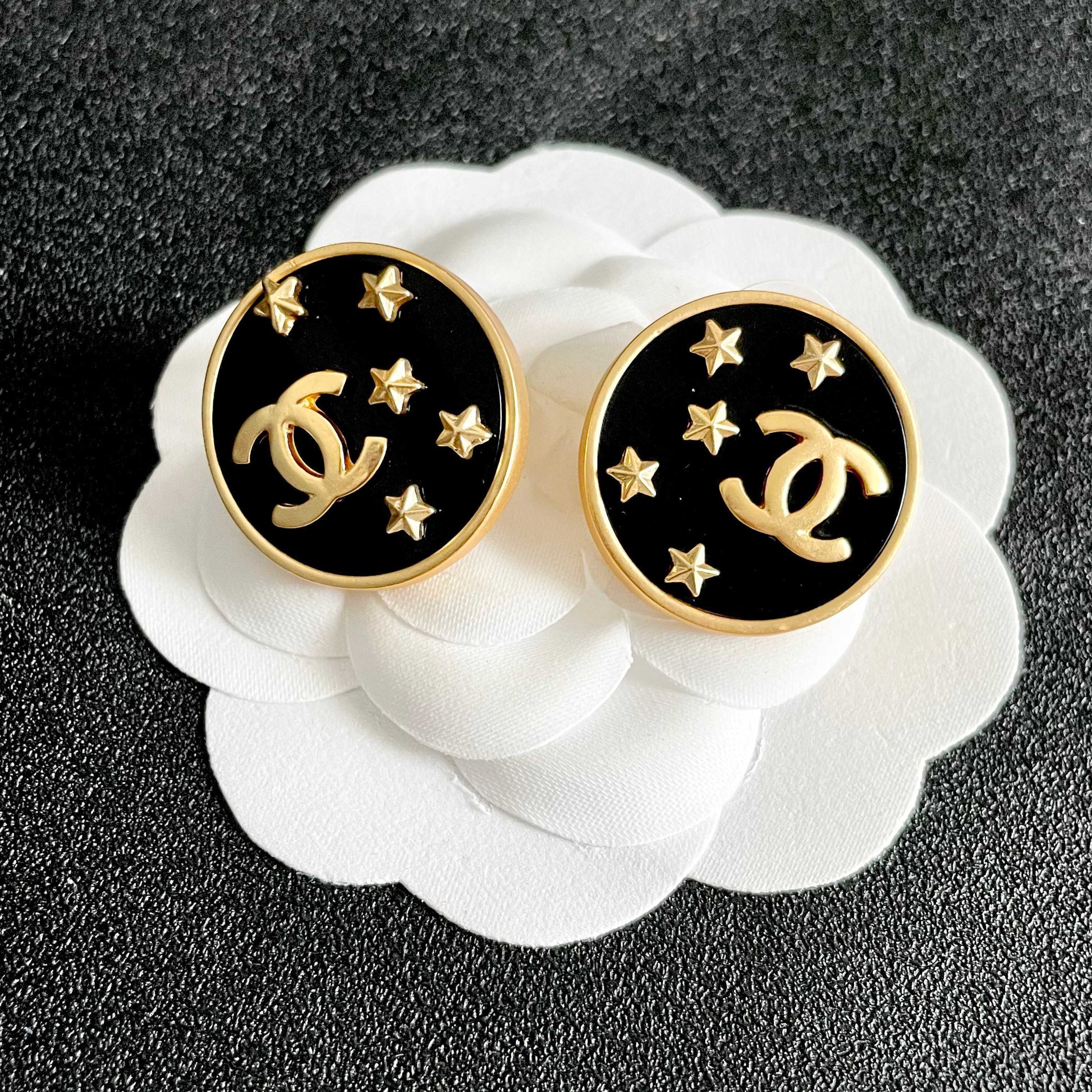 Double-C Emblem Stud Earrings in Polished Metal-Tone – Star Detail – Design 007 front product view
