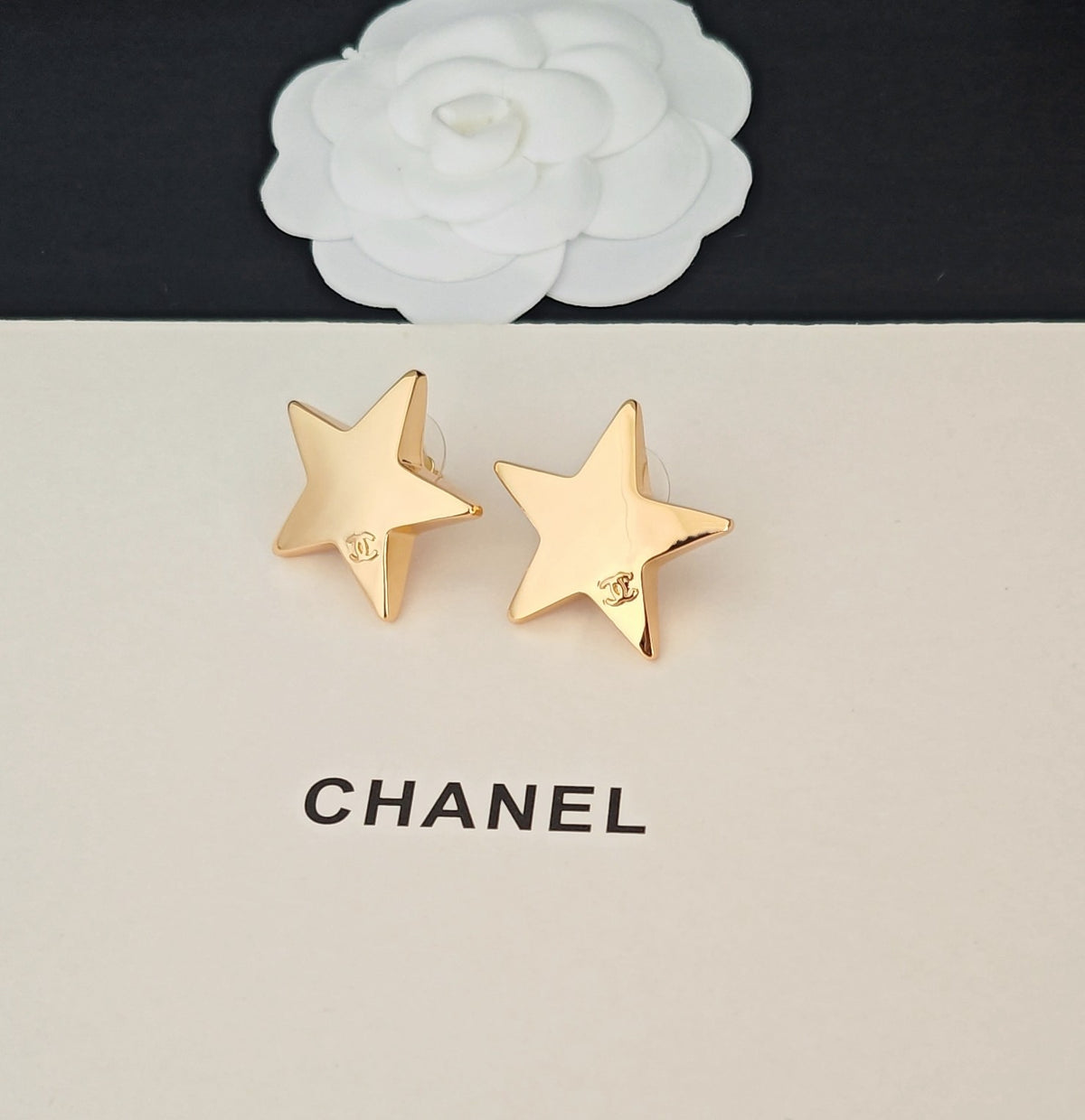 Signature Emblem Stud Earrings in Gold-Tone – Design 054 detail view
