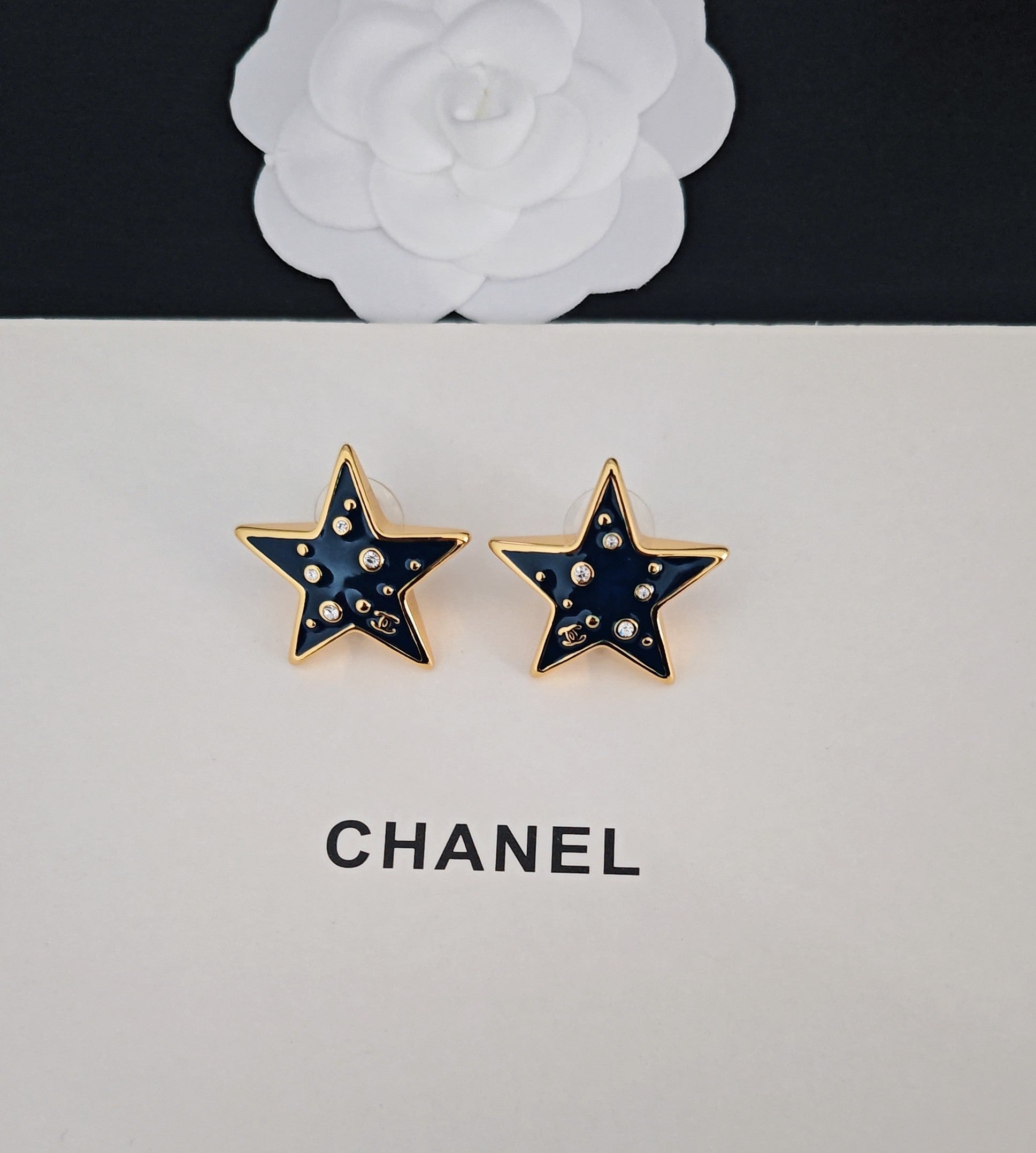 Signature Emblem Stud Earrings in Gold-Tone – Blue Detail – Design 003 side detail