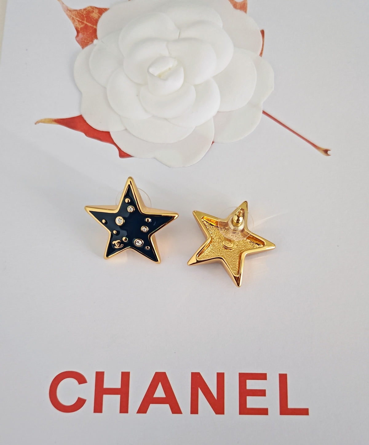 Signature Emblem Stud Earrings in Gold-Tone – Blue Detail – Design 003 styled product view