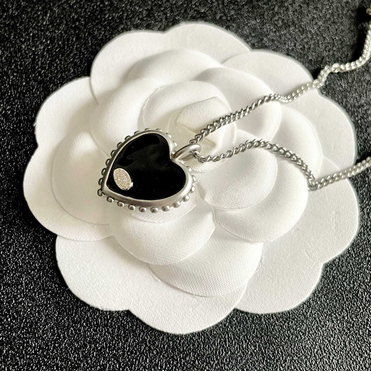 Double-C Emblem Pendant Necklace in Polished Metal-Tone – Heart Detail – Design 003 front product view