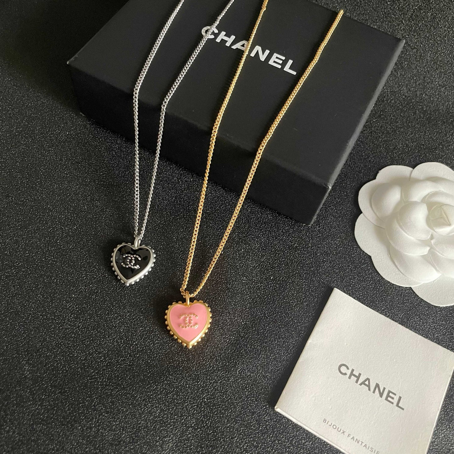 Double-C Emblem Pendant Necklace in Polished Metal-Tone – Heart Detail – Design 002 close-up detail