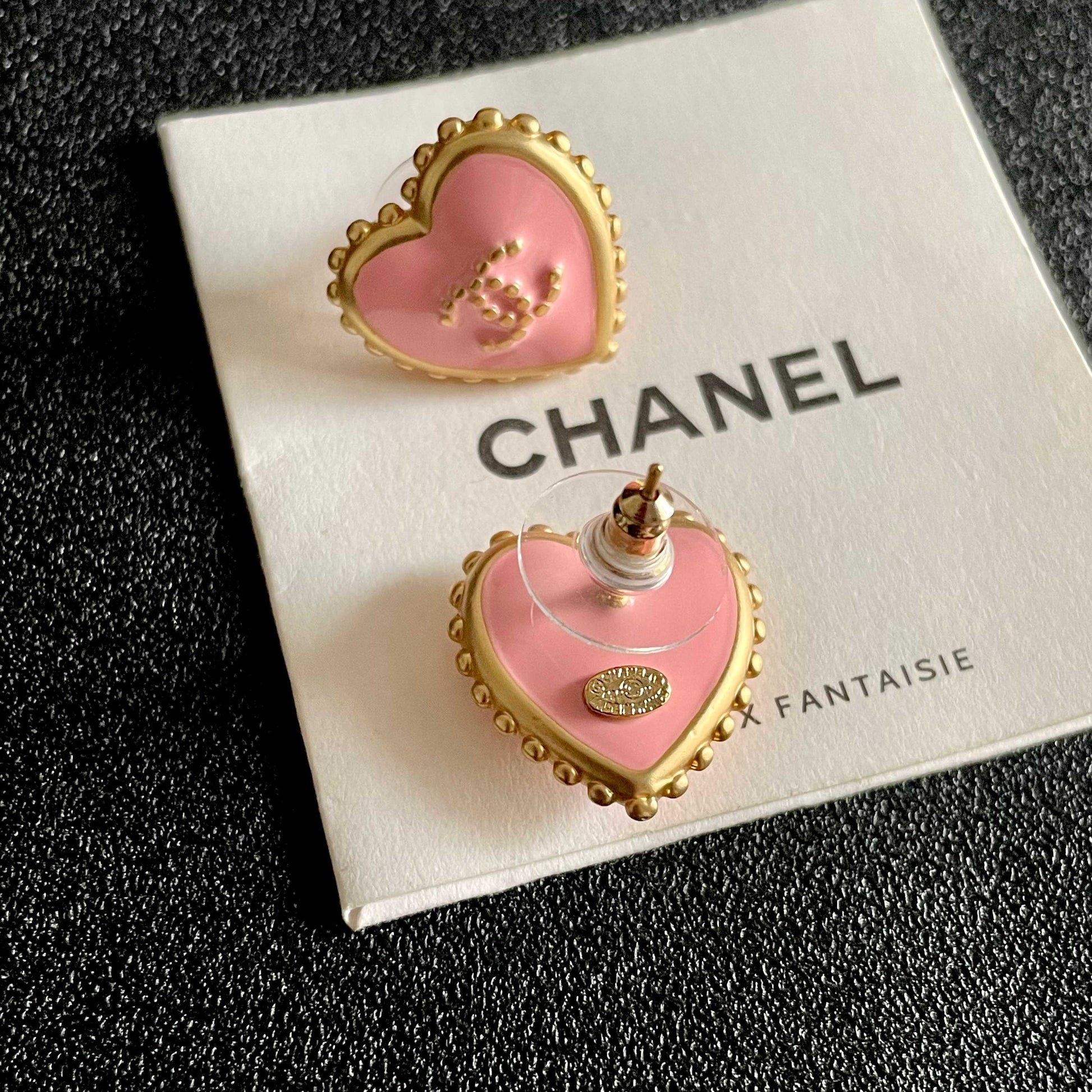 Double-C Emblem Stud Earrings in Polished Metal-Tone – Heart Detail – Design 011 main product view