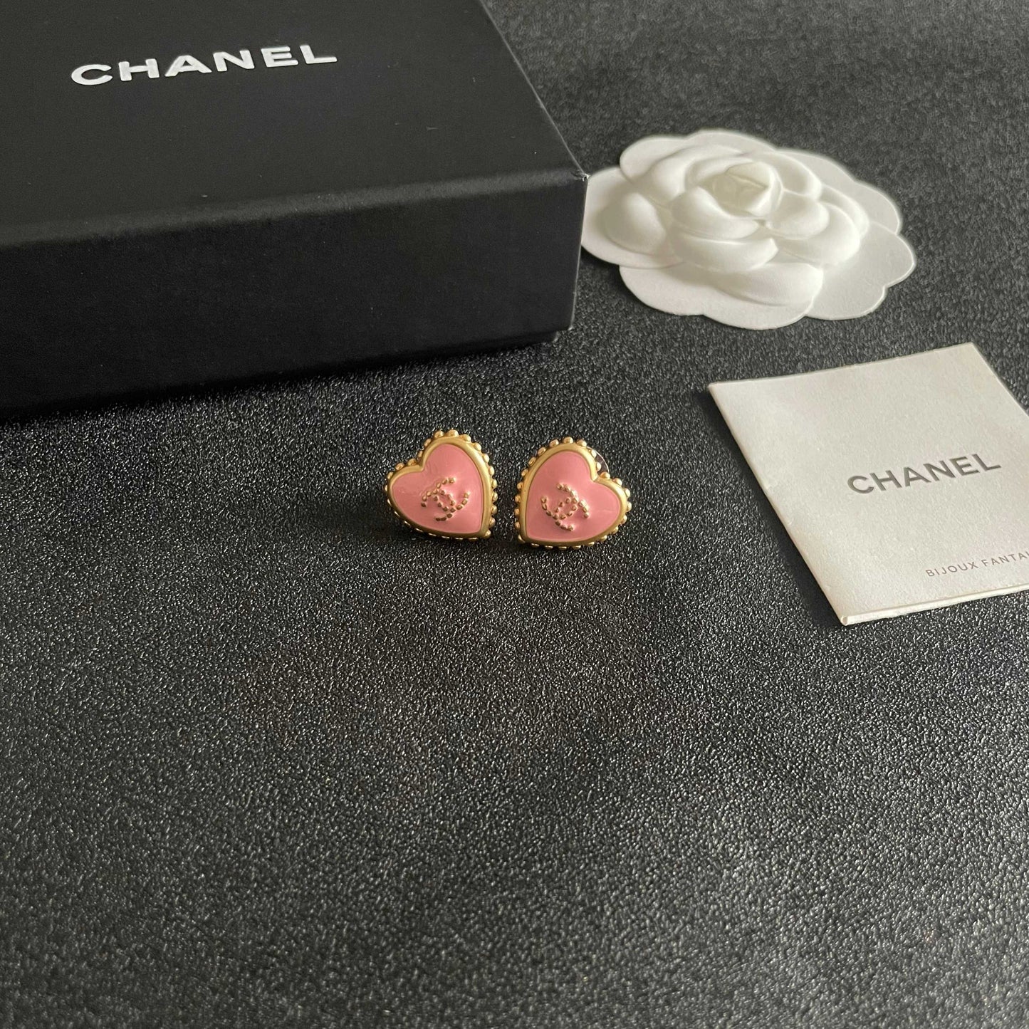 Double-C Emblem Stud Earrings in Polished Metal-Tone – Heart Detail – Design 011 styled product view
