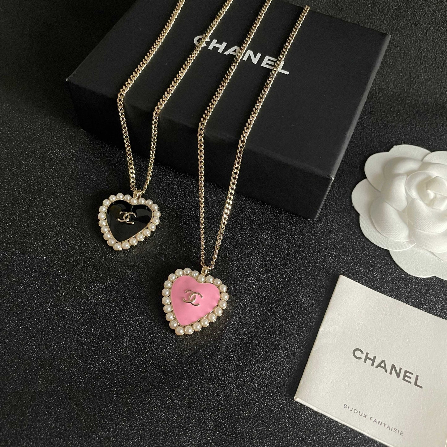 Double-C Emblem Pearl-Detail Pendant Necklace – Pearl Detail – Design 083 close-up detail