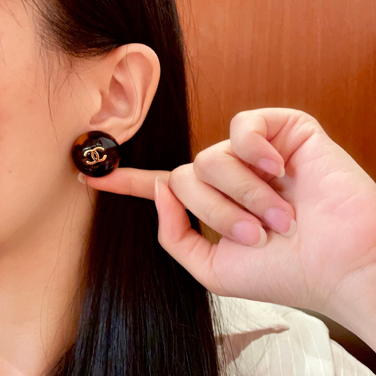 Double-C Emblem Stud Earrings in Polished Metal-Tone – Design 333 front product view