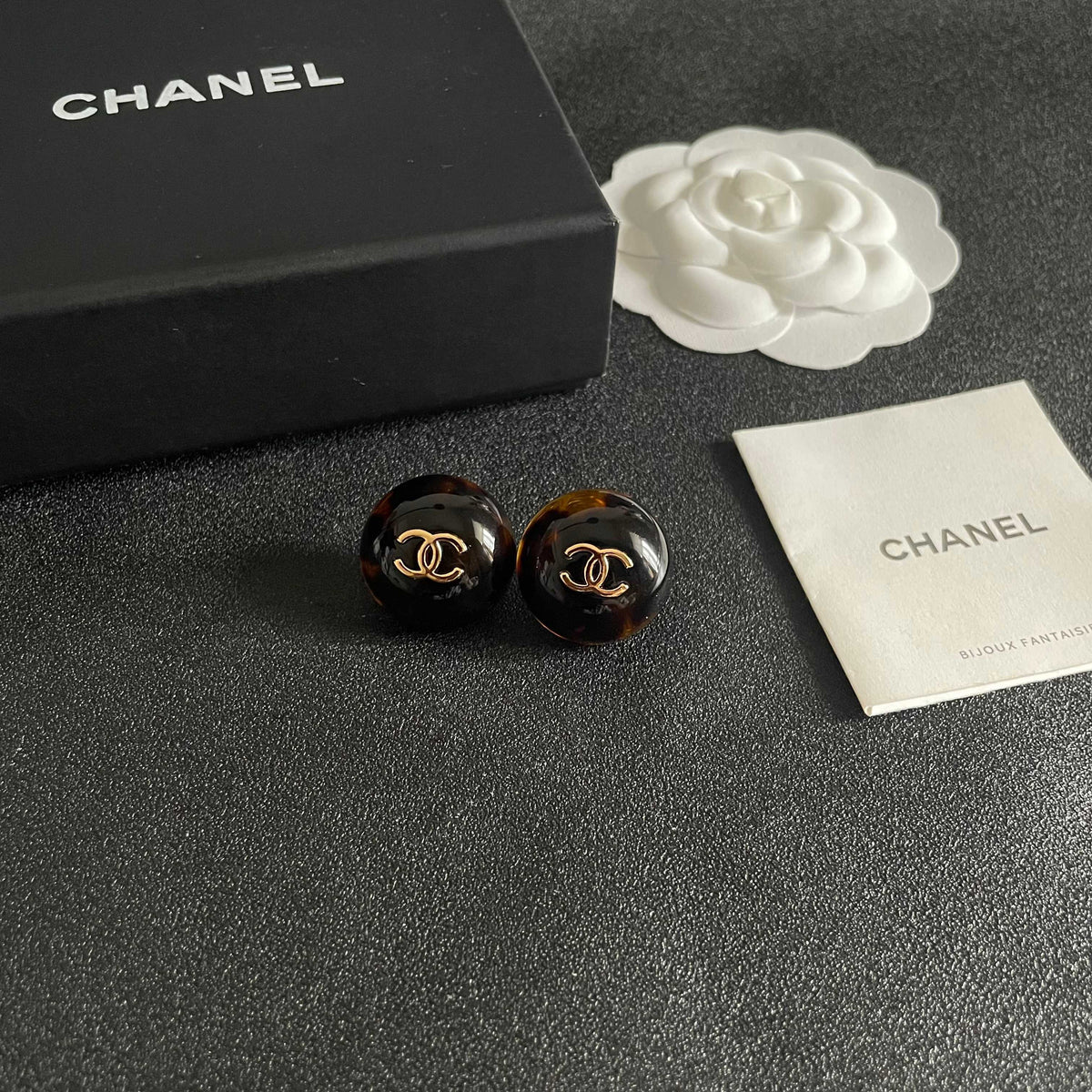 Double-C Emblem Stud Earrings in Polished Metal-Tone – Design 333 styled product view