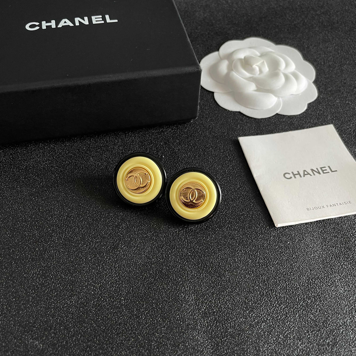 Double-C Emblem Stud Earrings in Polished Metal-Tone – Design 310 styled product view