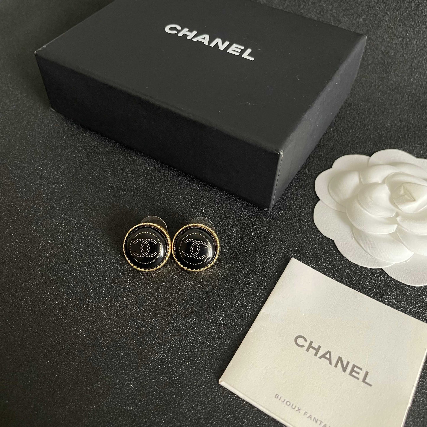 Double-C Emblem Stud Earrings in Polished Metal-Tone – Design 330 close-up detail