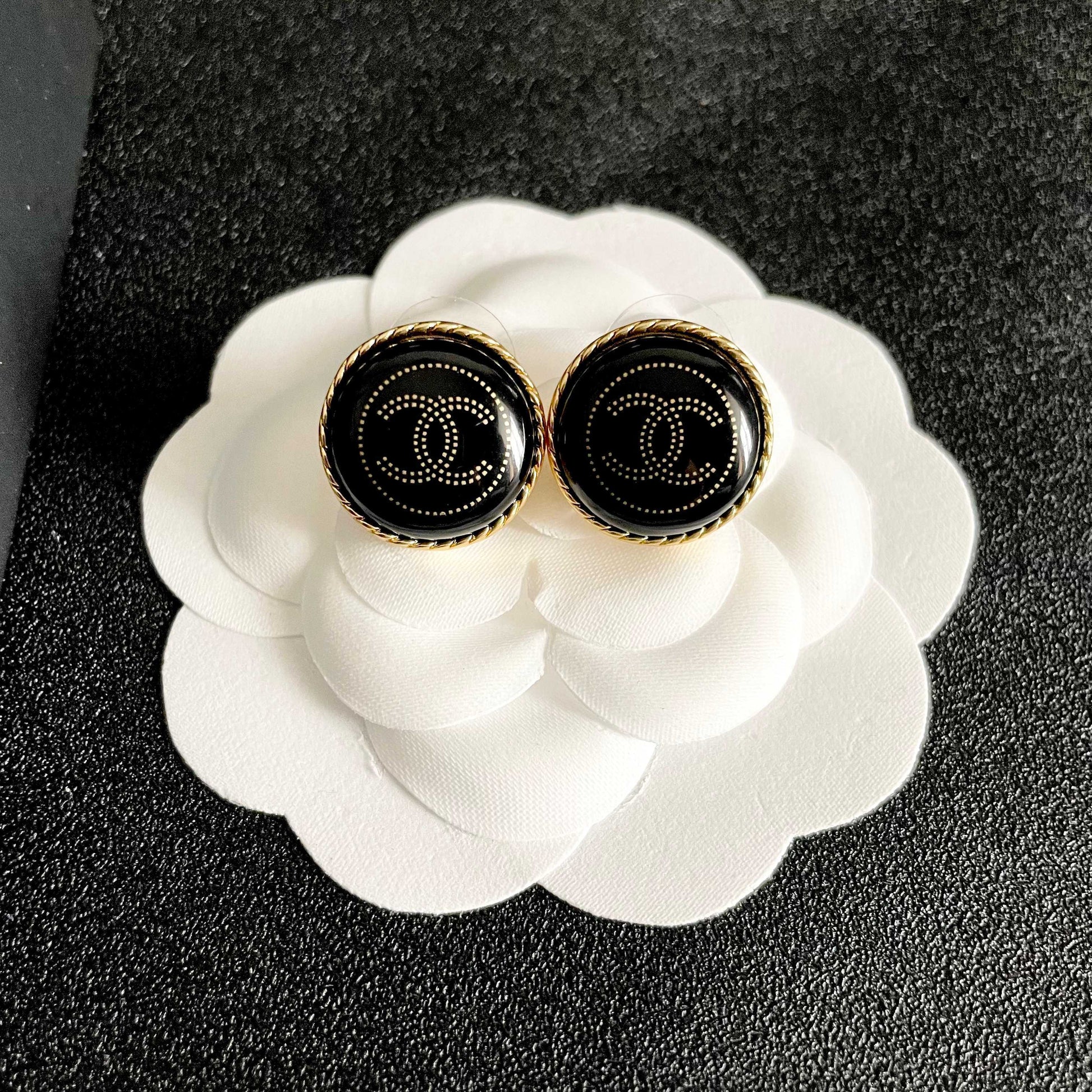Double-C Emblem Stud Earrings in Polished Metal-Tone – Design 312 front product view