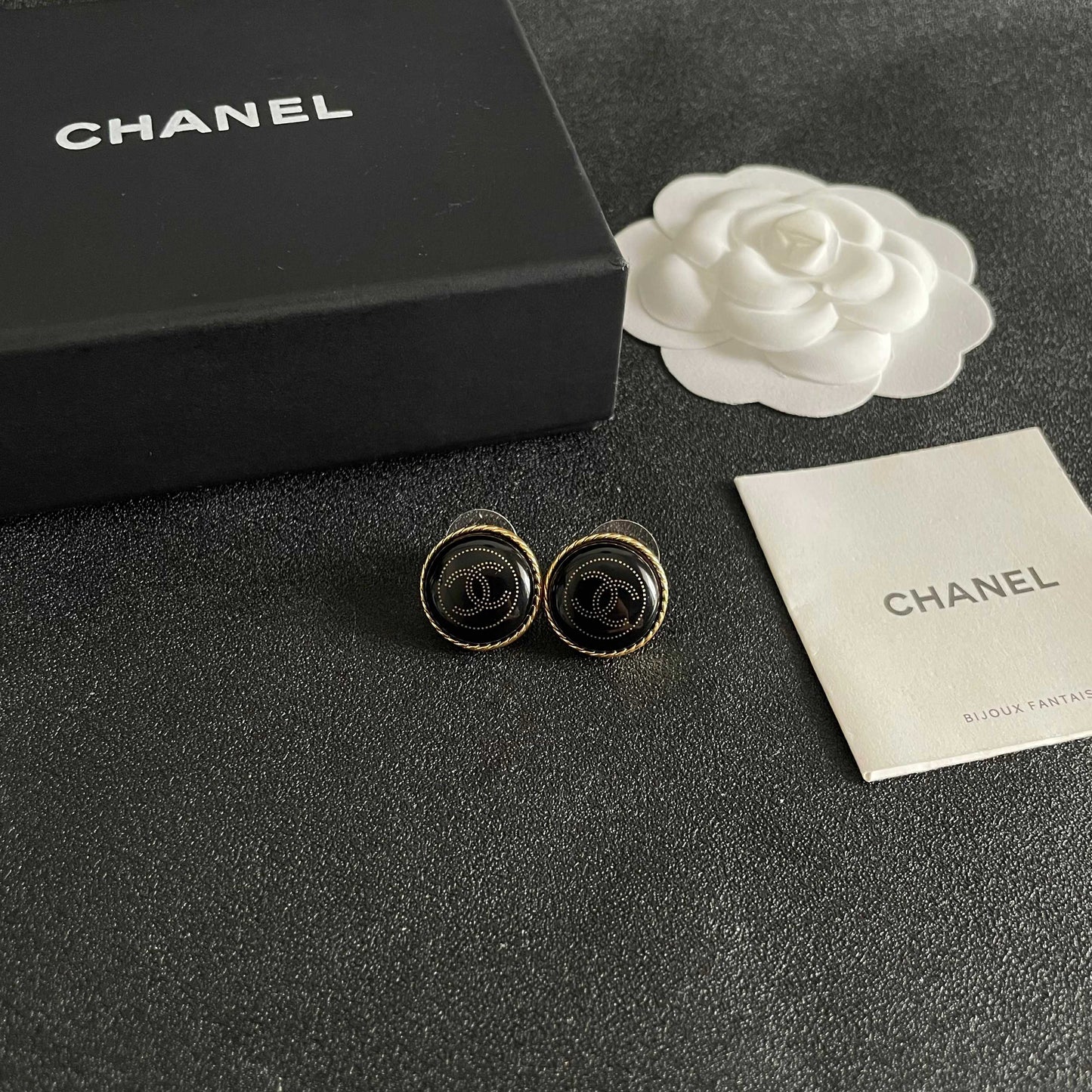 Double-C Emblem Stud Earrings in Polished Metal-Tone – Design 312 styled product view