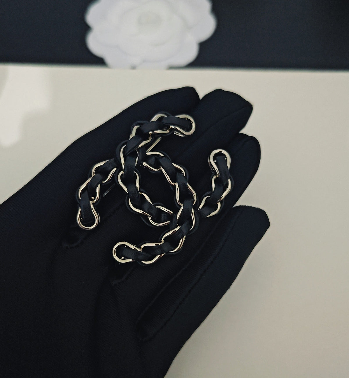 Signature Emblem Brooch in Gold-Tone – Black Detail front product view