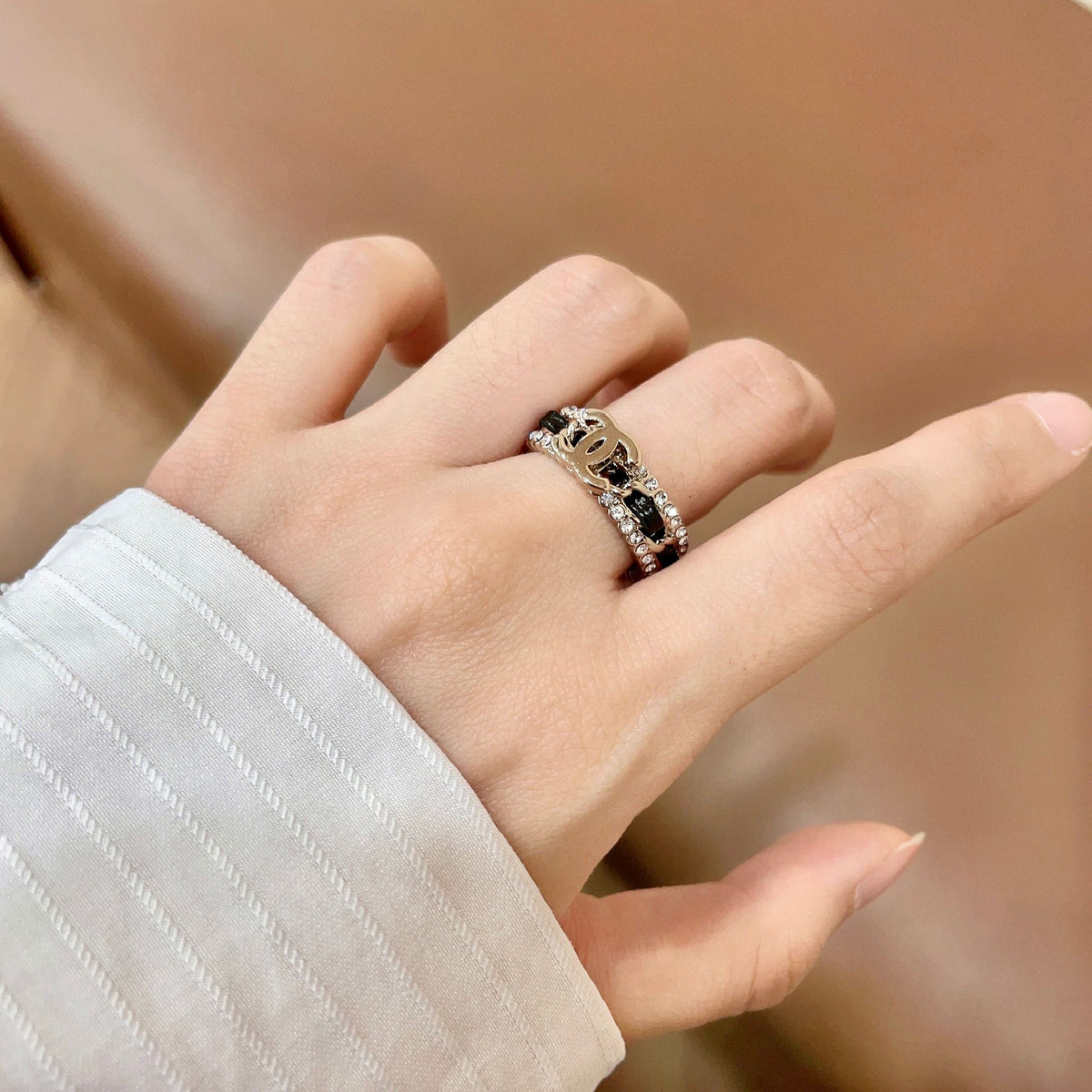 Double-C Emblem Statement Ring in Polished Metal-Tone – White Detail – Design 003 front product view