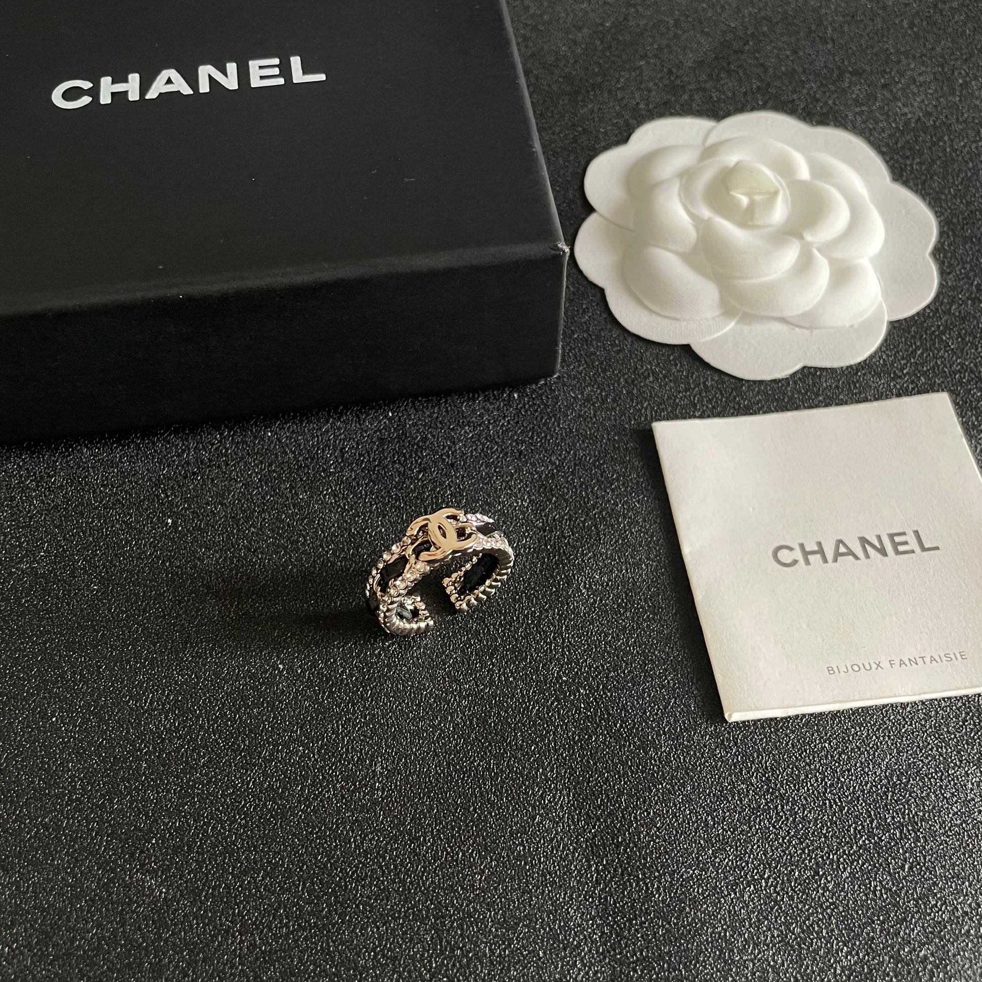 Double-C Emblem Statement Ring in Polished Metal-Tone – White Detail – Design 003 styled product view