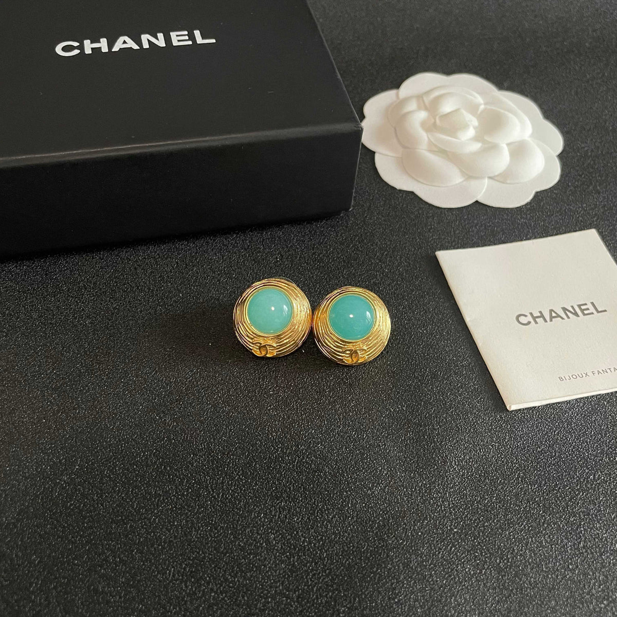Double-C Emblem Stud Earrings in Polished Metal-Tone – Design 014 styled product view