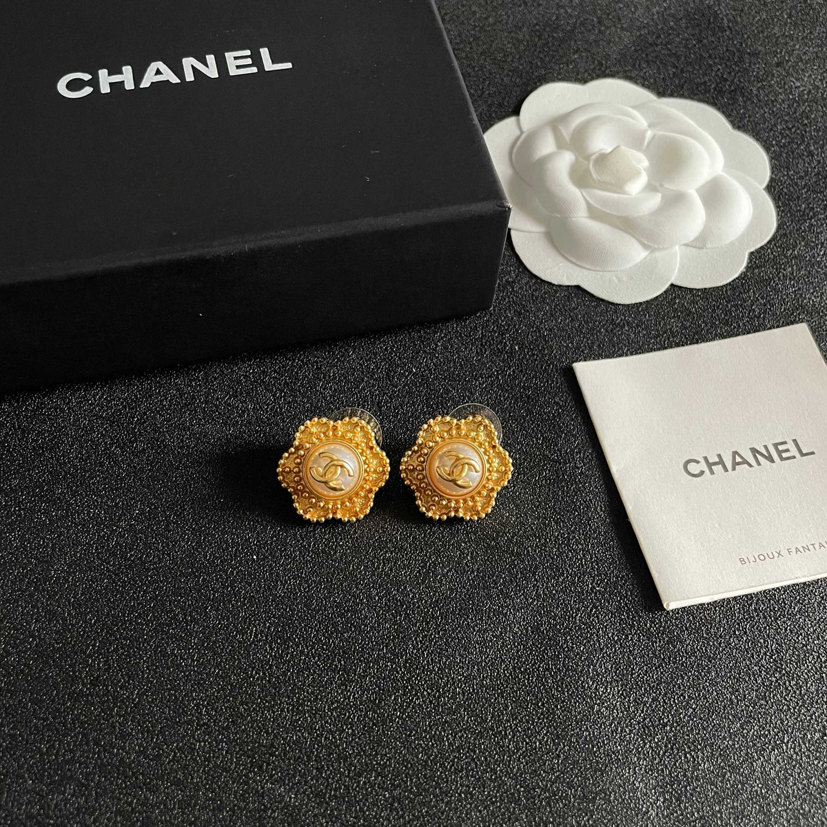 Double-C Emblem Stud Earrings in Polished Metal-Tone – Design 013 styled product view