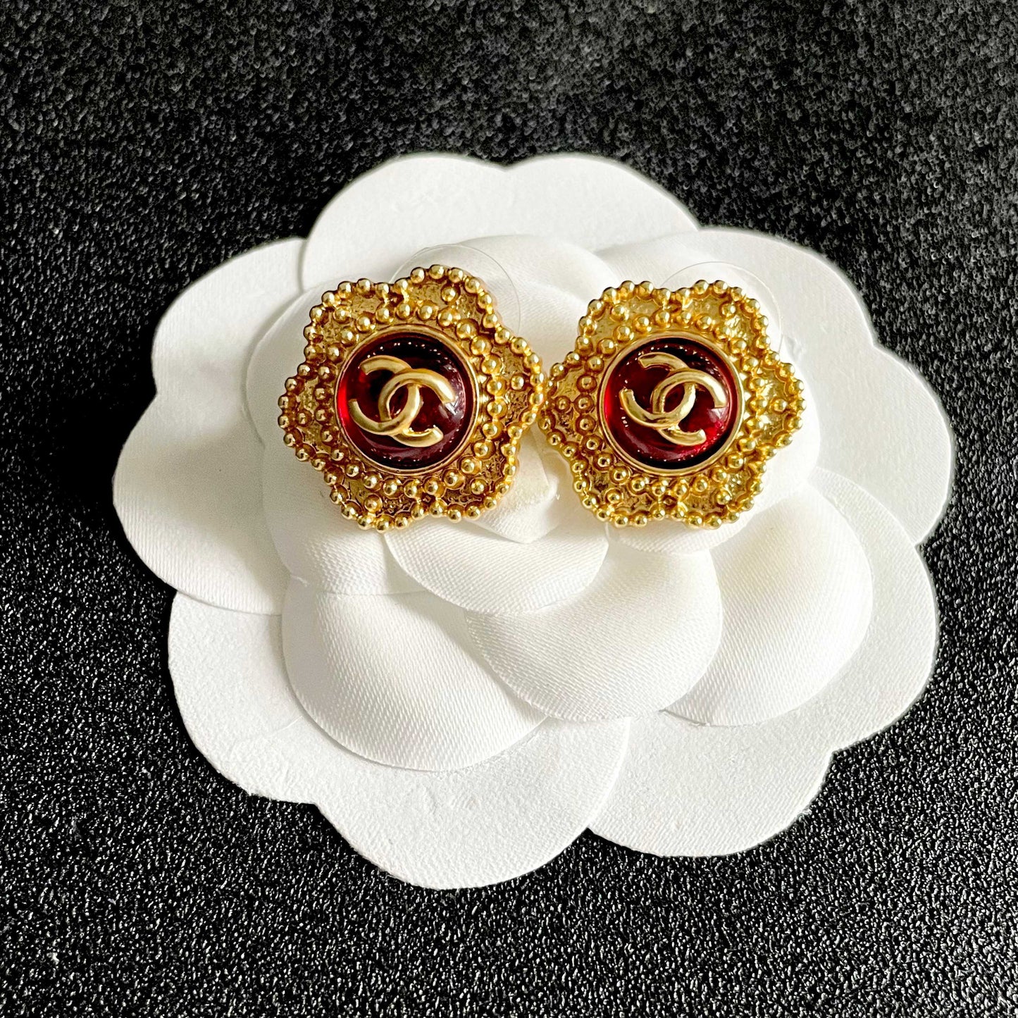 Double-C Emblem Stud Earrings in Polished Metal-Tone – Design 012 front product view