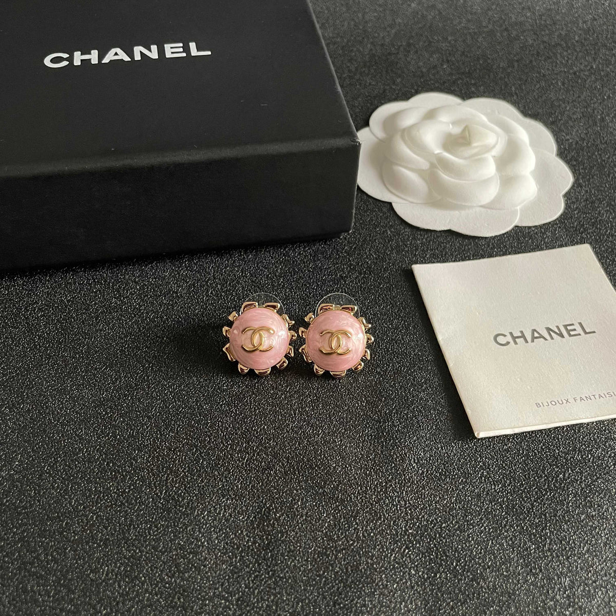 Double-C Emblem Stud Earrings in Polished Metal-Tone – Design 011 styled product view