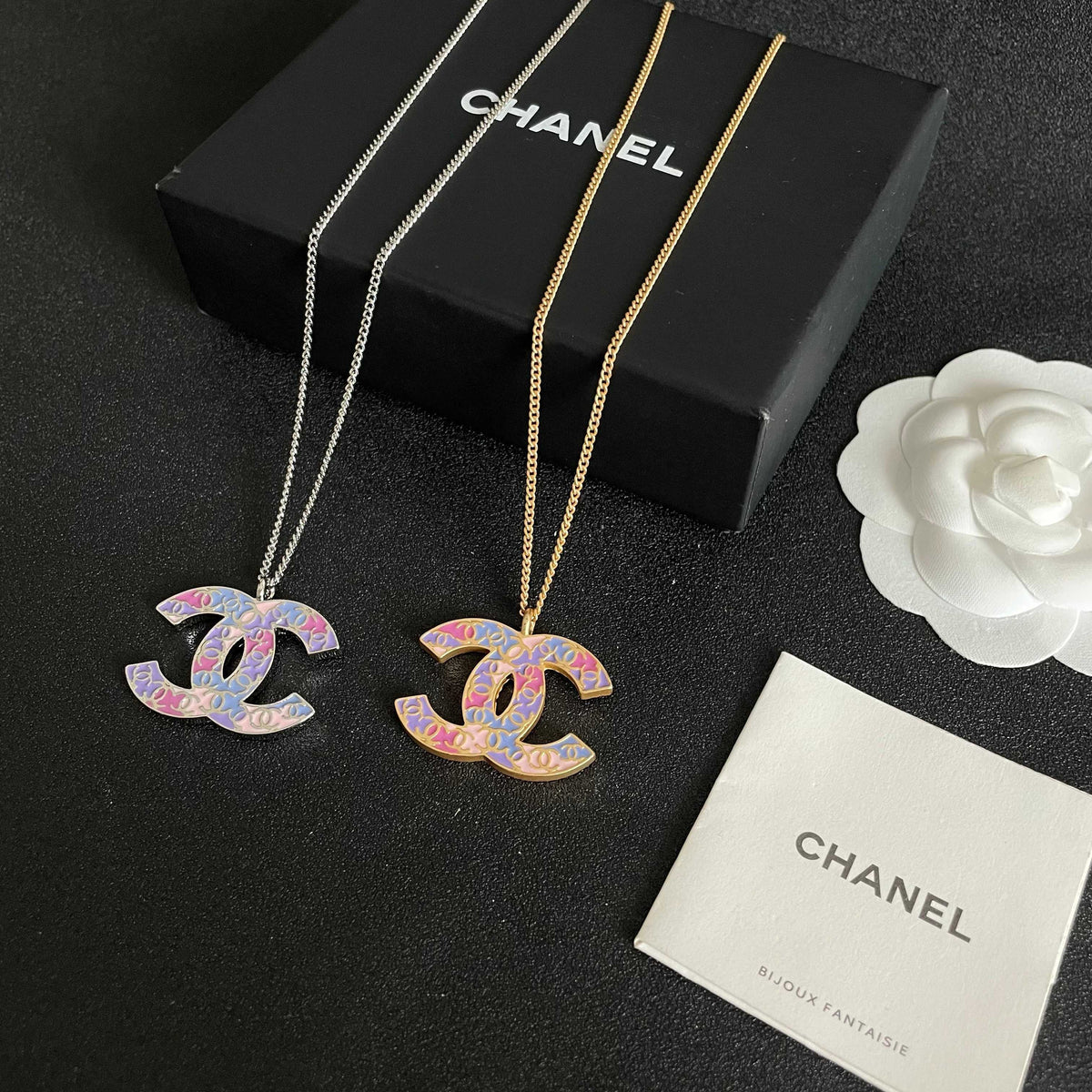 Double-C Emblem Pendant Necklace in Polished Metal-Tone – Design 016 close-up detail
