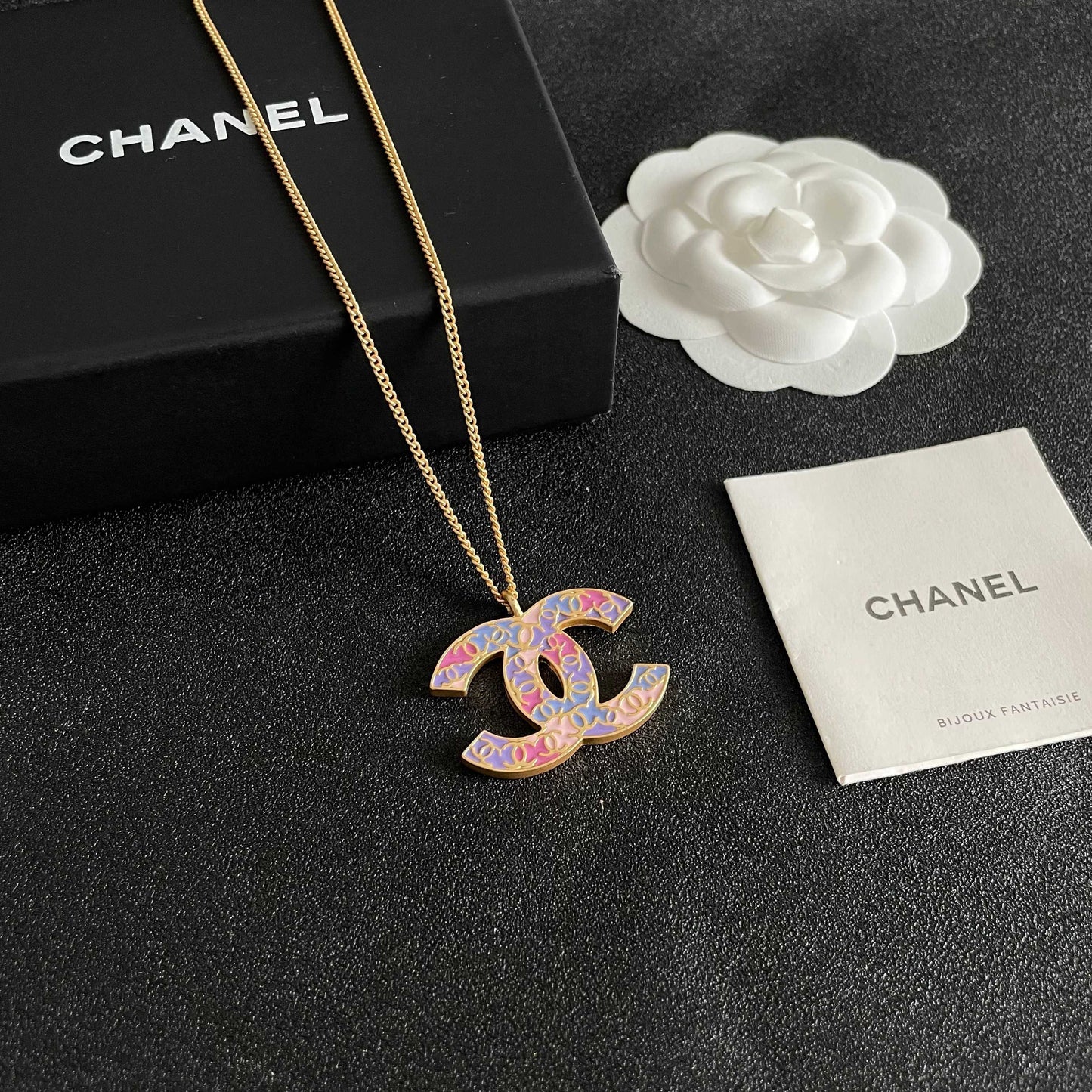 Double-C Emblem Pendant Necklace in Polished Metal-Tone – Design 016 styled product view