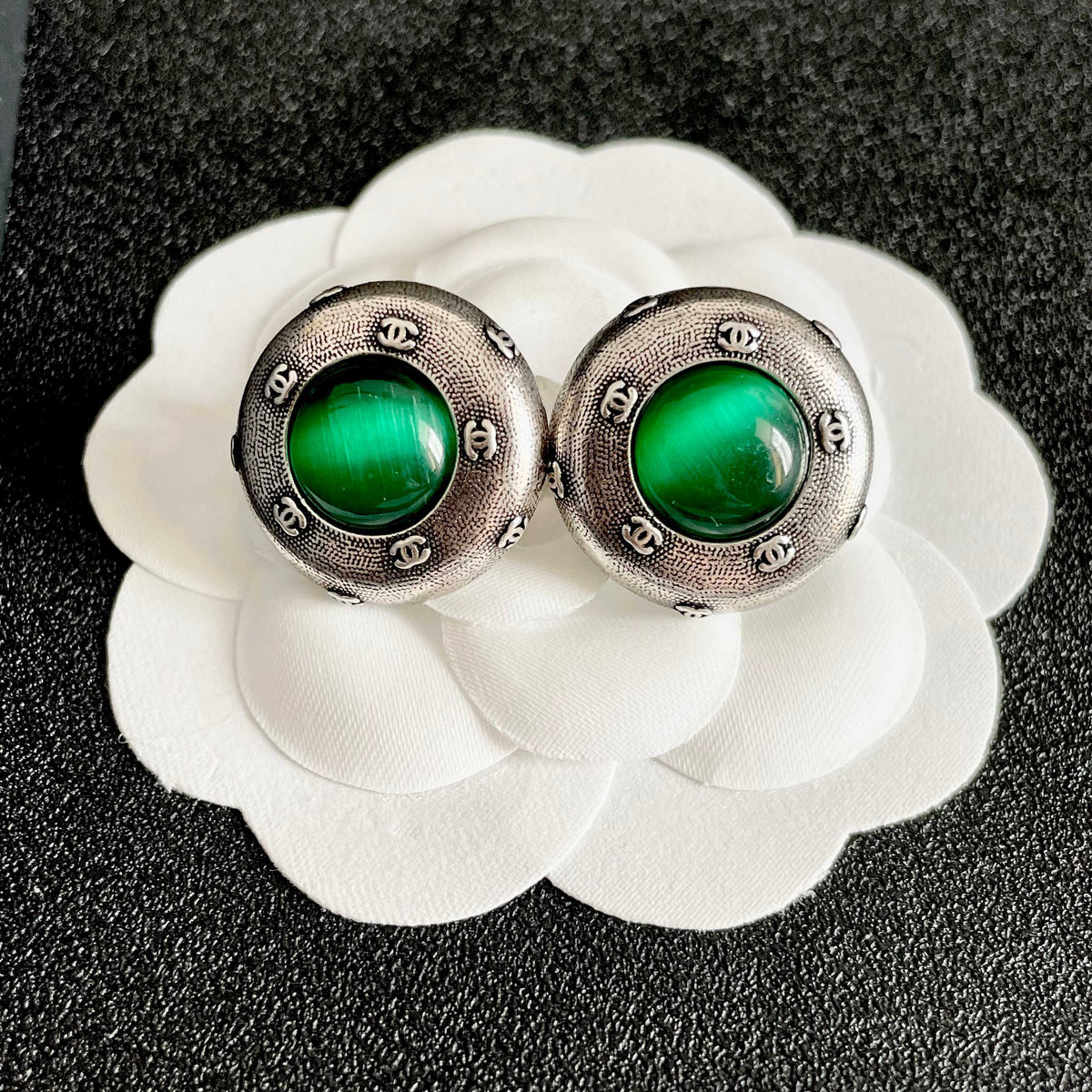 Double-C Emblem Stud Earrings in Polished Metal-Tone – Design 355 front product view