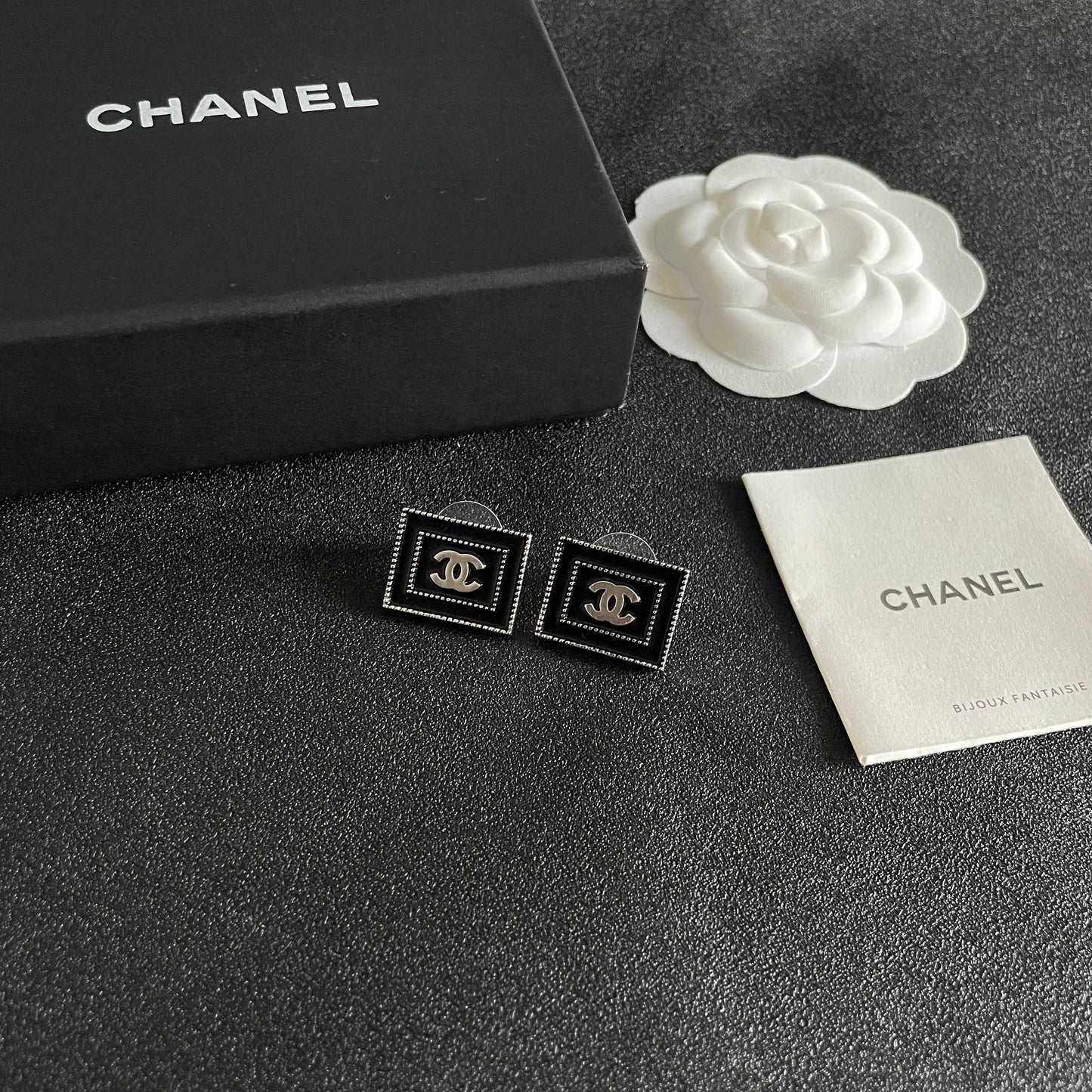 Double-C Emblem Stud Earrings in Polished Metal-Tone – Design 169 styled product view