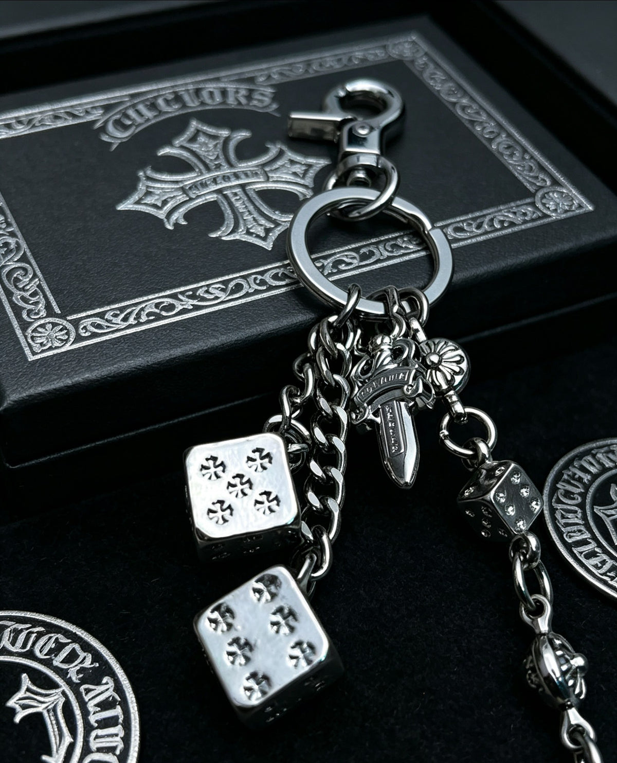 Floral Cross Multi-Use Chain Accessory – Dice Detail close-up detail