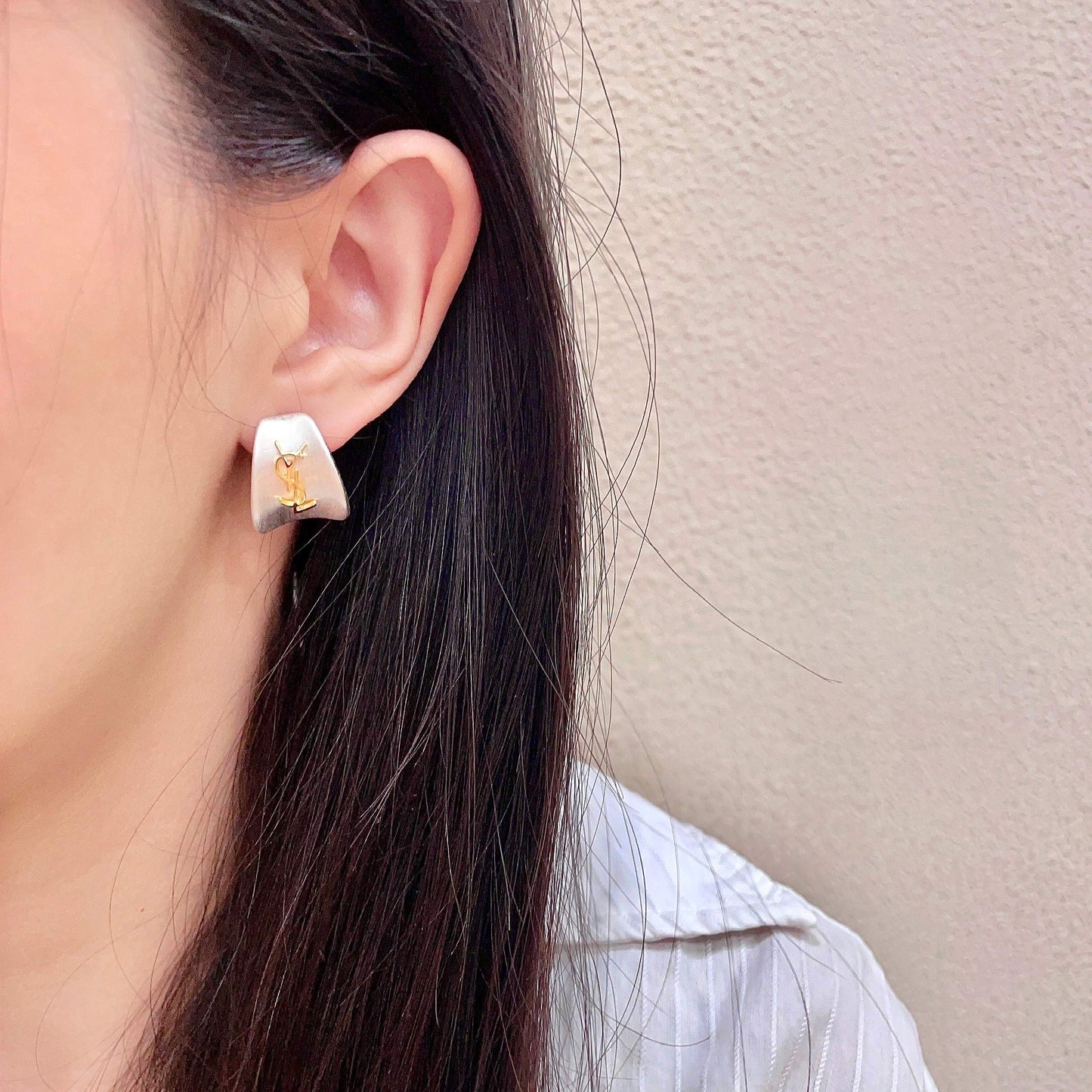 Signature Emblem Stud Earrings in Silver-Tone – Design 022 detail view