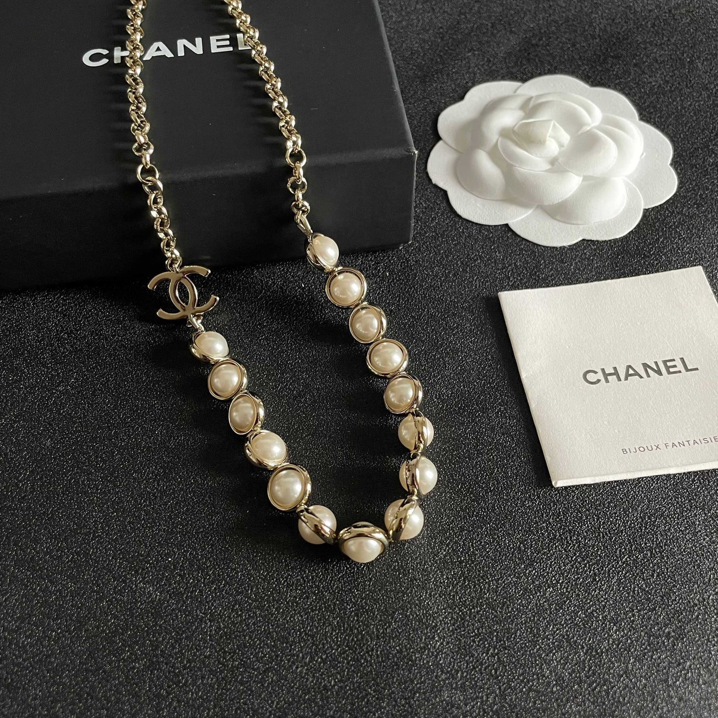 Double-C Emblem Pearl-Detail Pendant Necklace – Pearl Detail – Design 039 styled product view