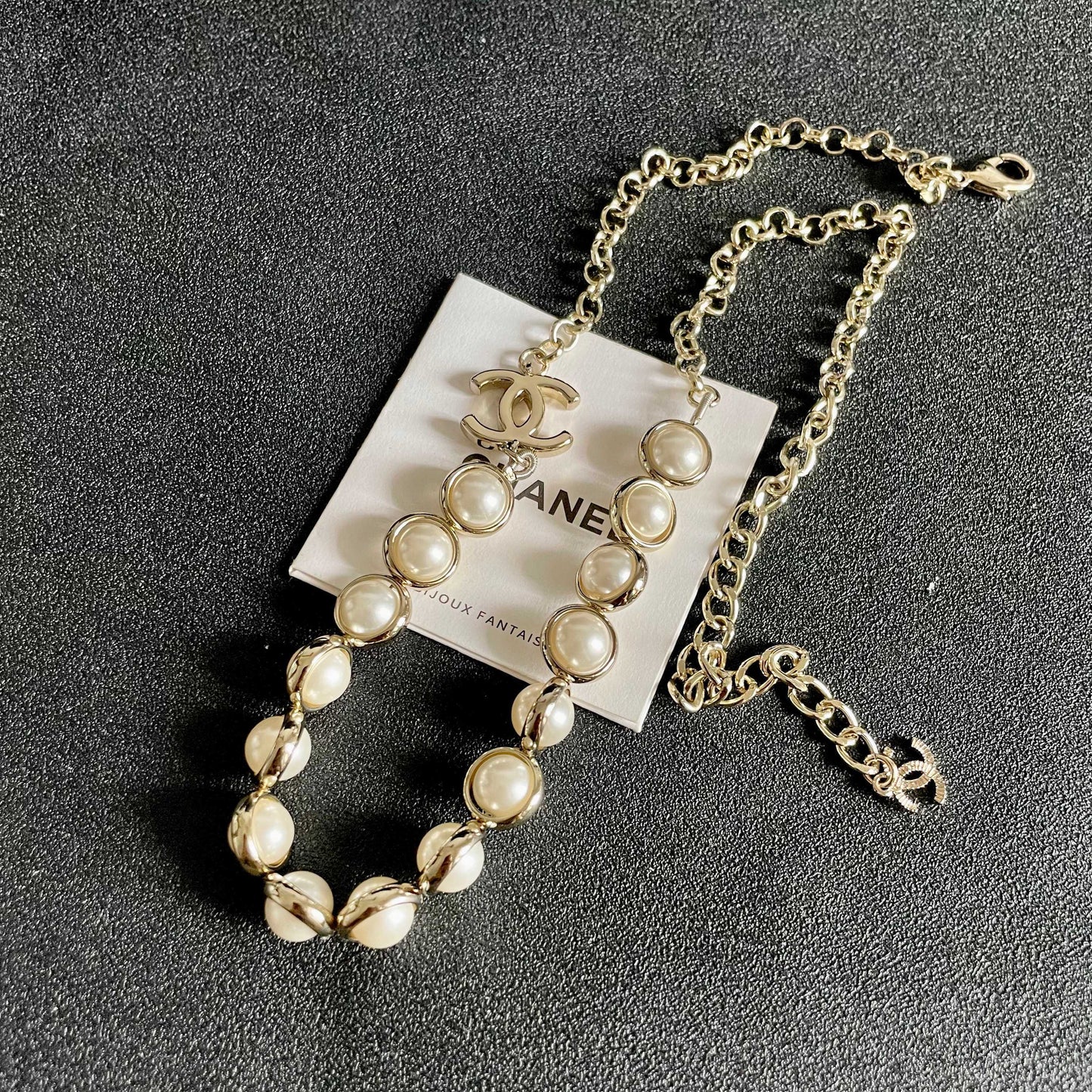 Double-C Emblem Pearl-Detail Pendant Necklace – Pearl Detail – Design 114 detail view