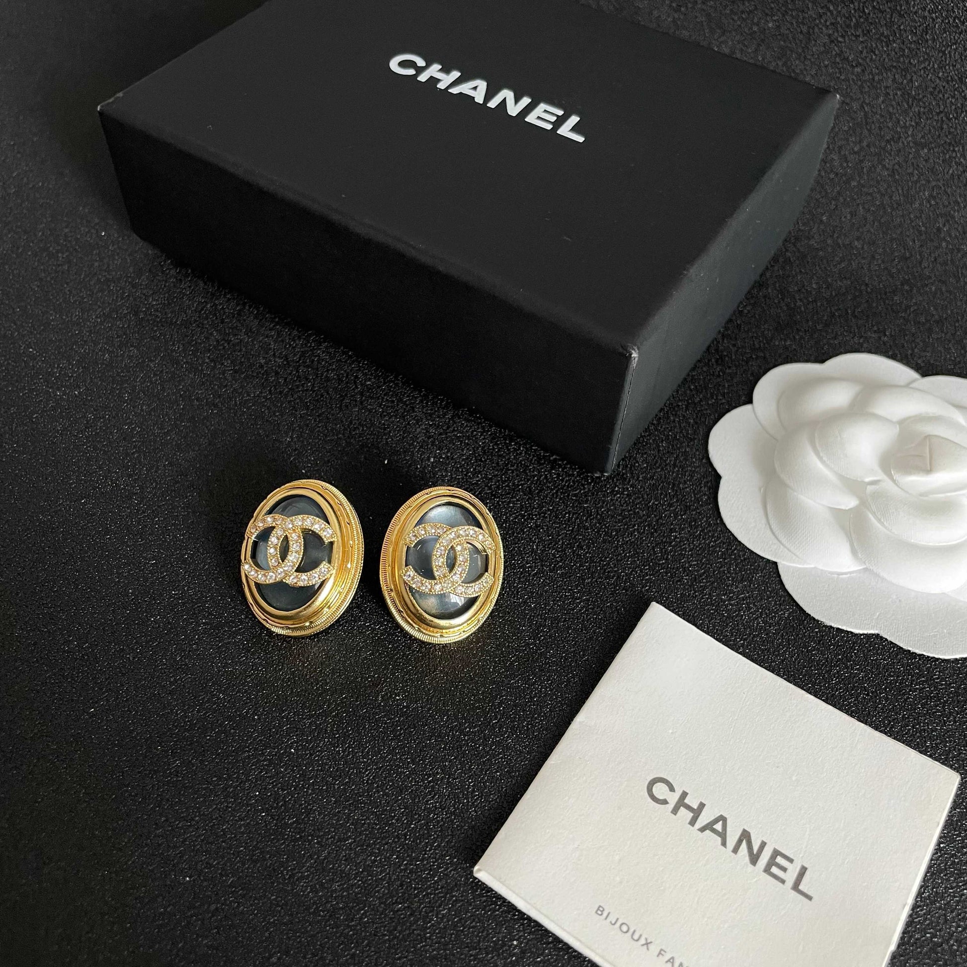 Double-C Emblem Crystal-Accent Stud Earrings – Design 020 close-up detail