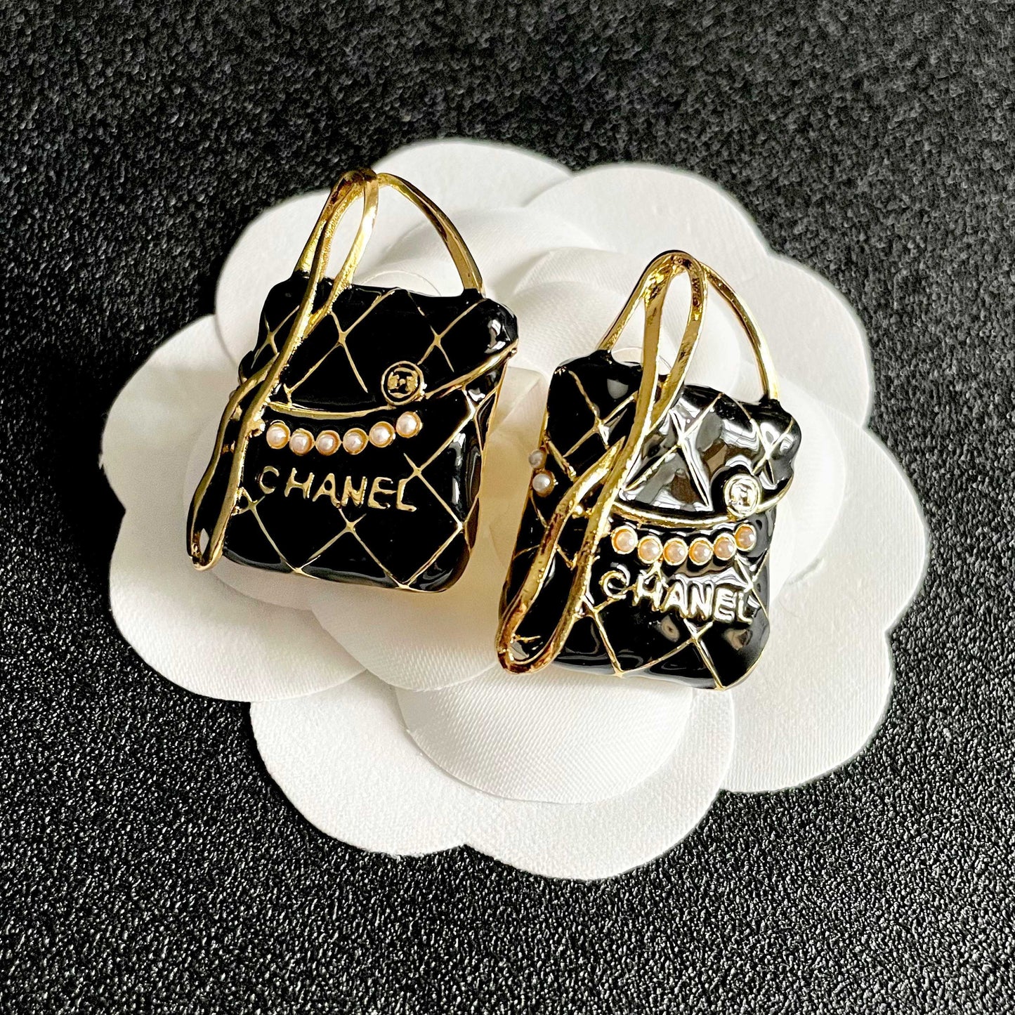 Double-C Emblem Stud Earrings in Polished Metal-Tone – Design 182 front product view