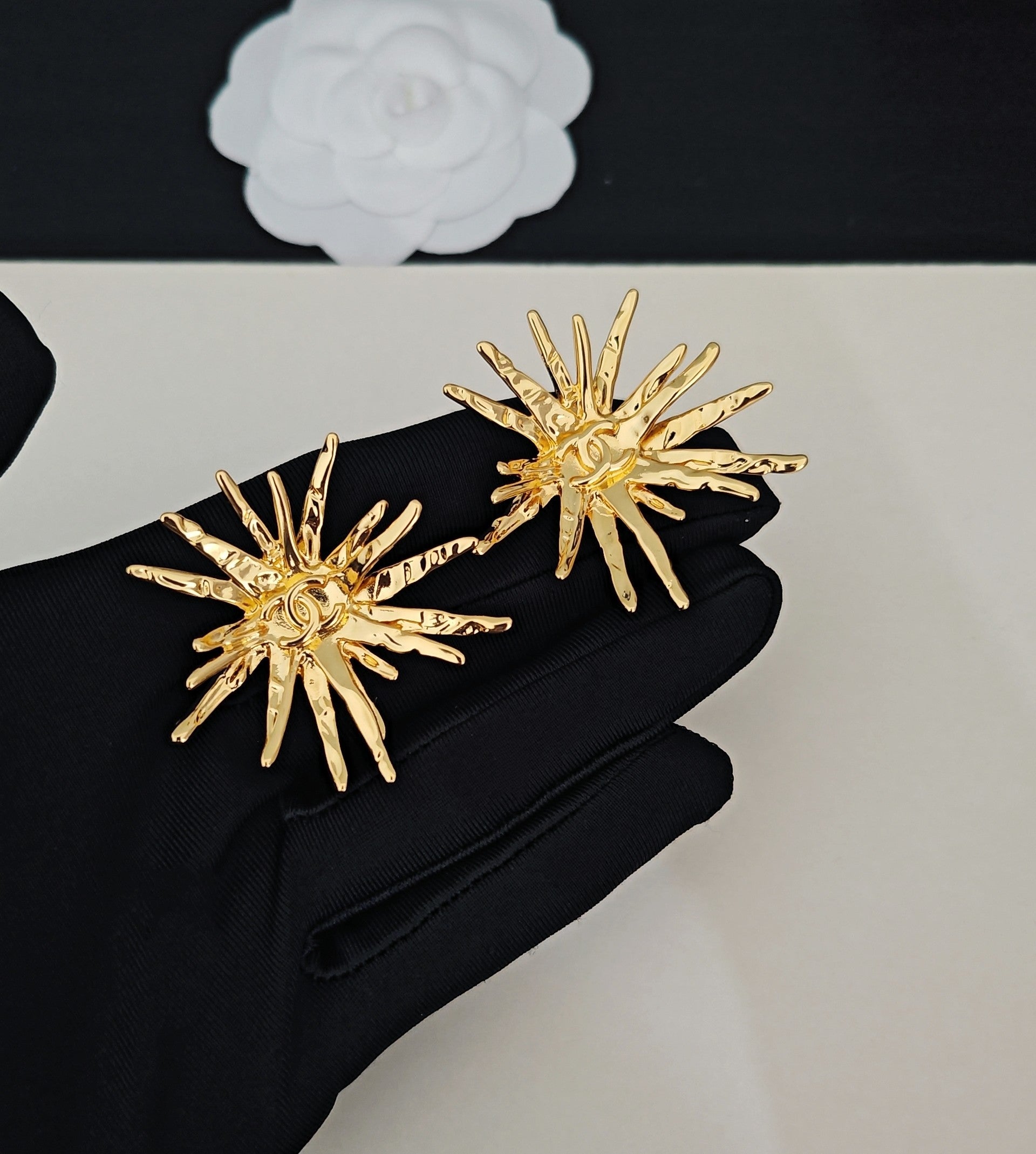 Signature Emblem Stud Earrings in Gold-Tone – Design 046 detail view