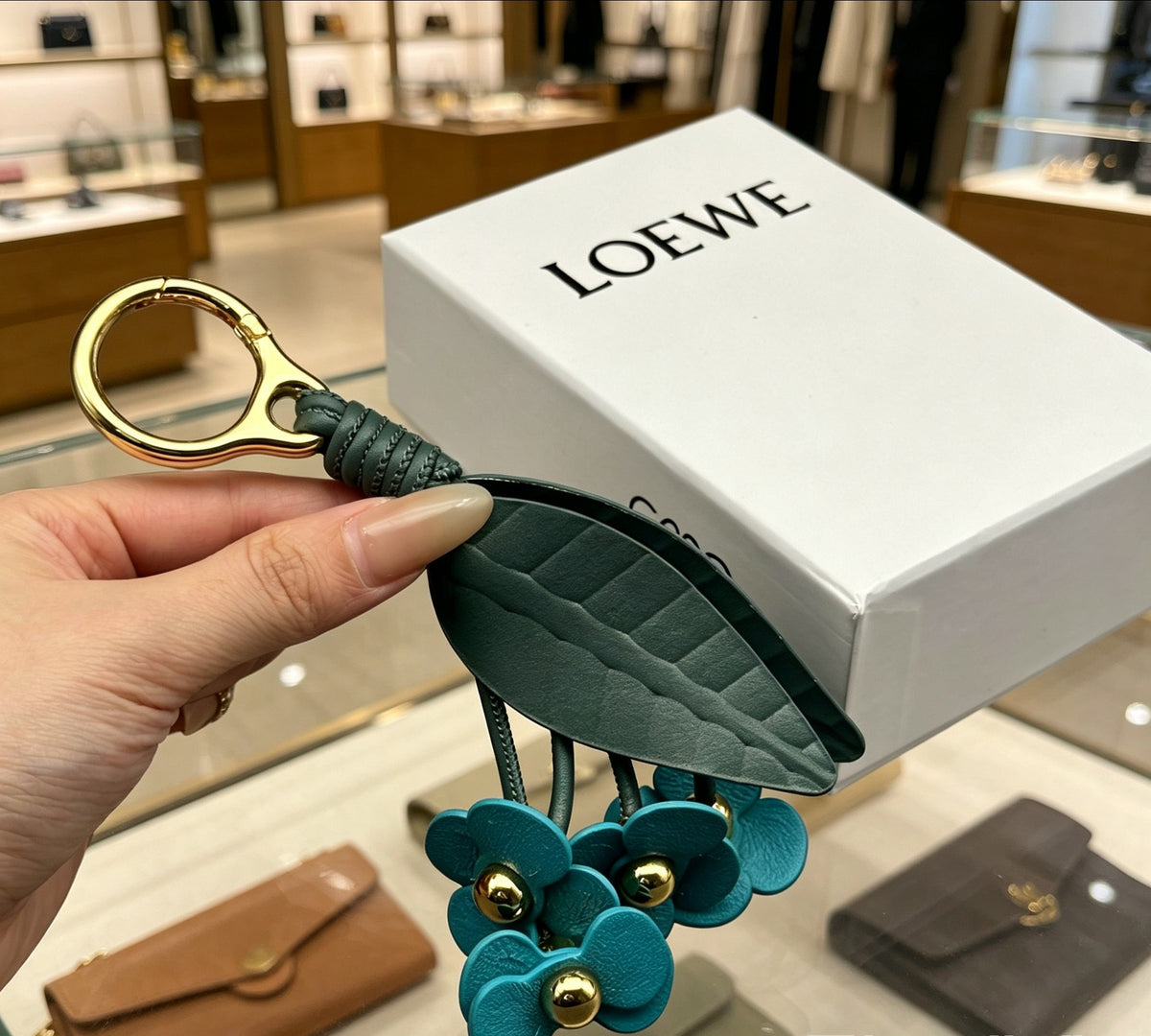 Floral Motif Bag Charm in Polished Metal-Tone with Leather Detail – Design 02 main product view