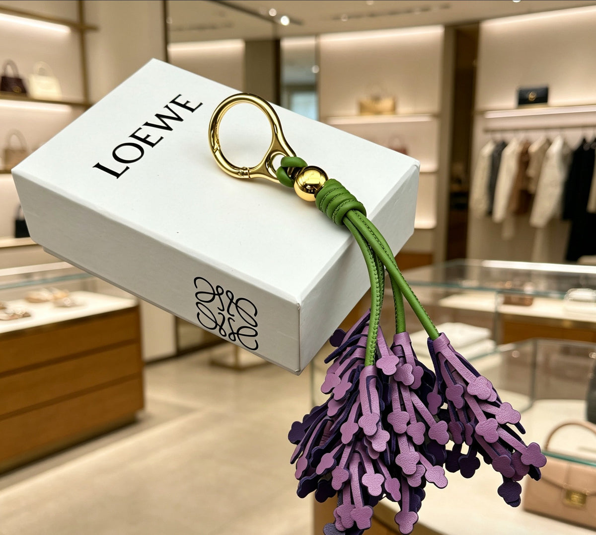 Floral Motif Bag Charm in Polished Metal-Tone with Leather Detail – Design 01 detail view