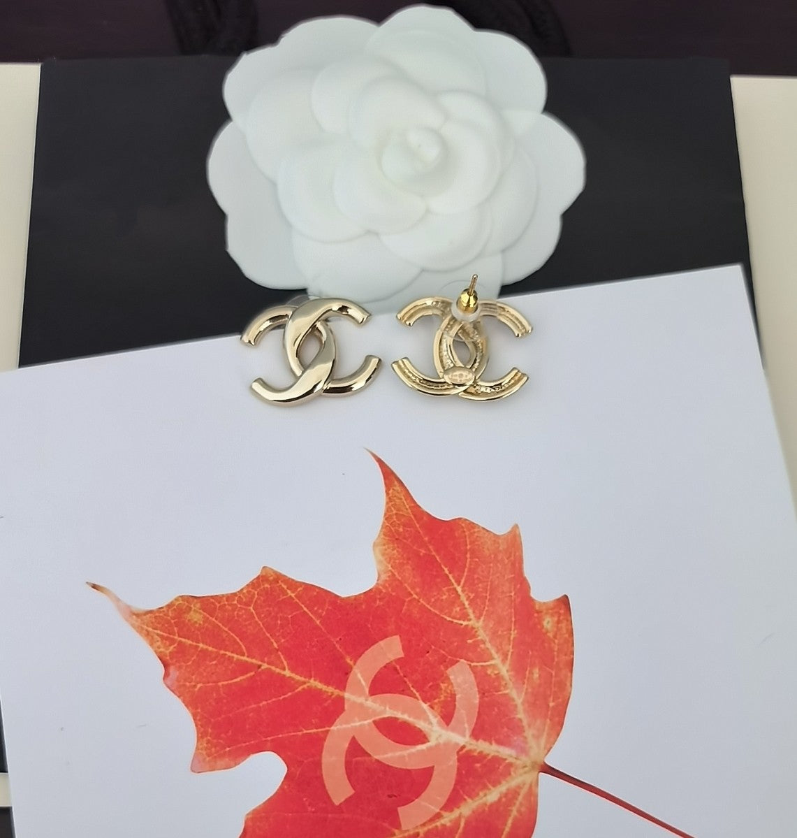 Signature Emblem Stud Earrings in Gold-Tone – Design 010 side detail