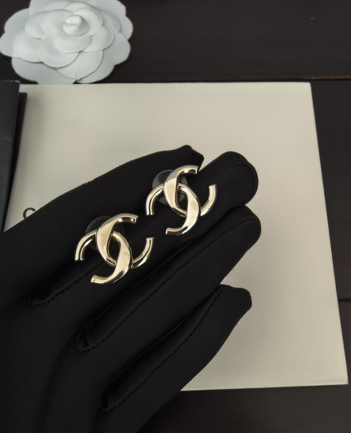 Signature Emblem Stud Earrings in Gold-Tone – Design 010 detail view
