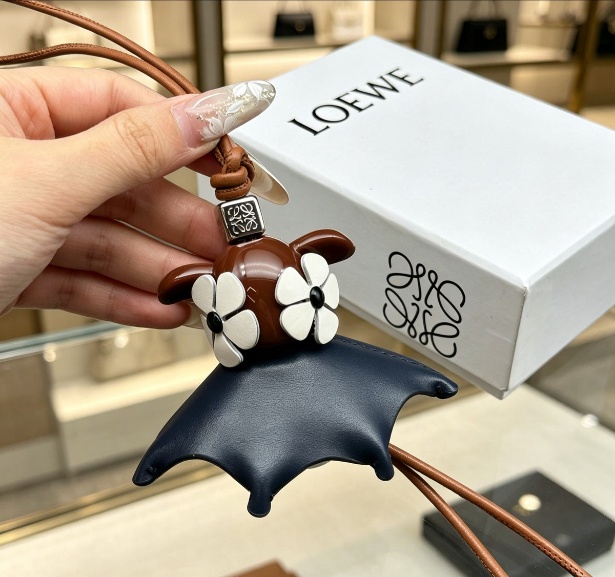 Floral Motif Bag Charm in Polished Metal-Tone with Leather Detail – Design 03 main product view