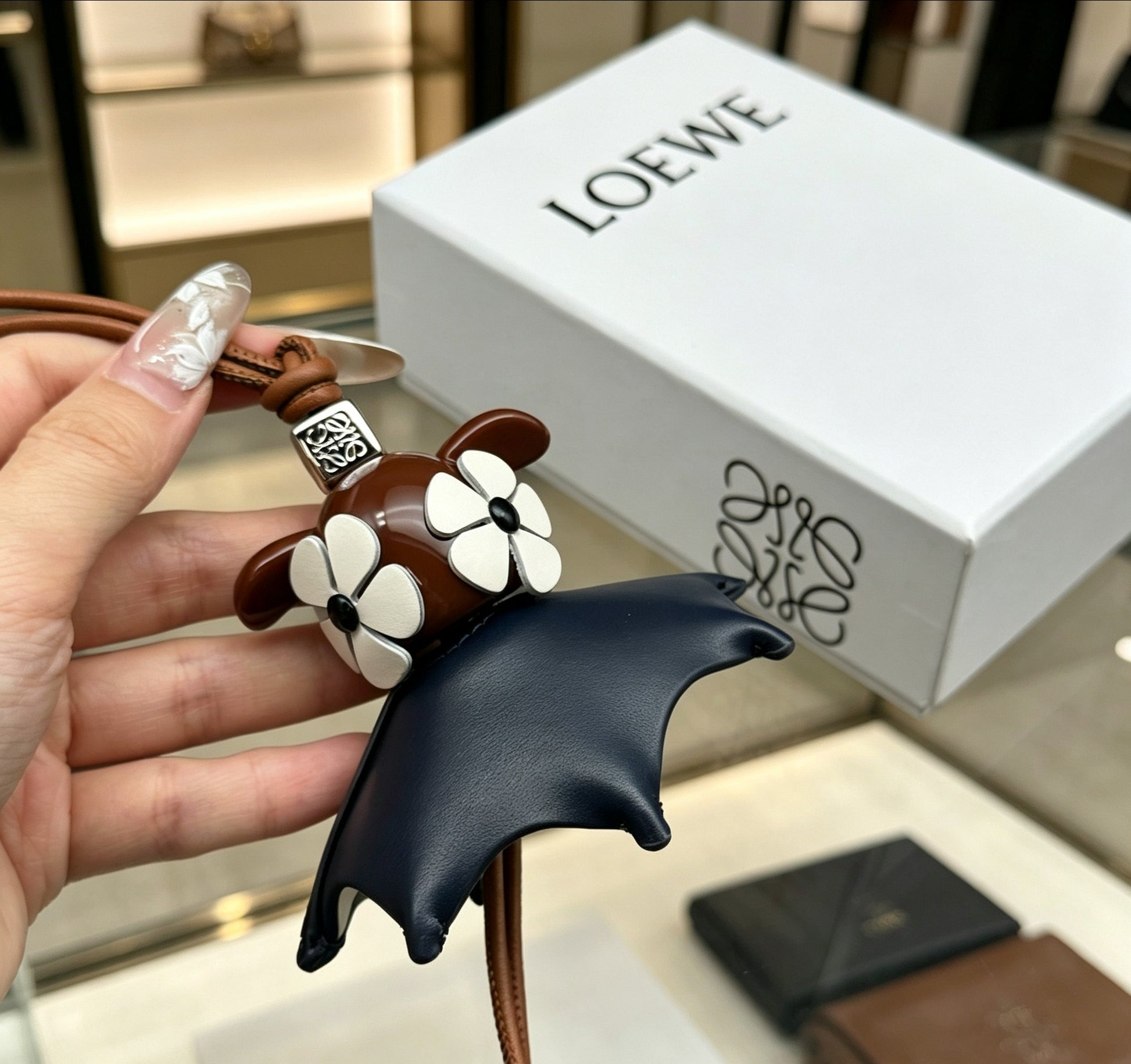 Floral Motif Bag Charm in Polished Metal-Tone with Leather Detail – Design 03 detail view