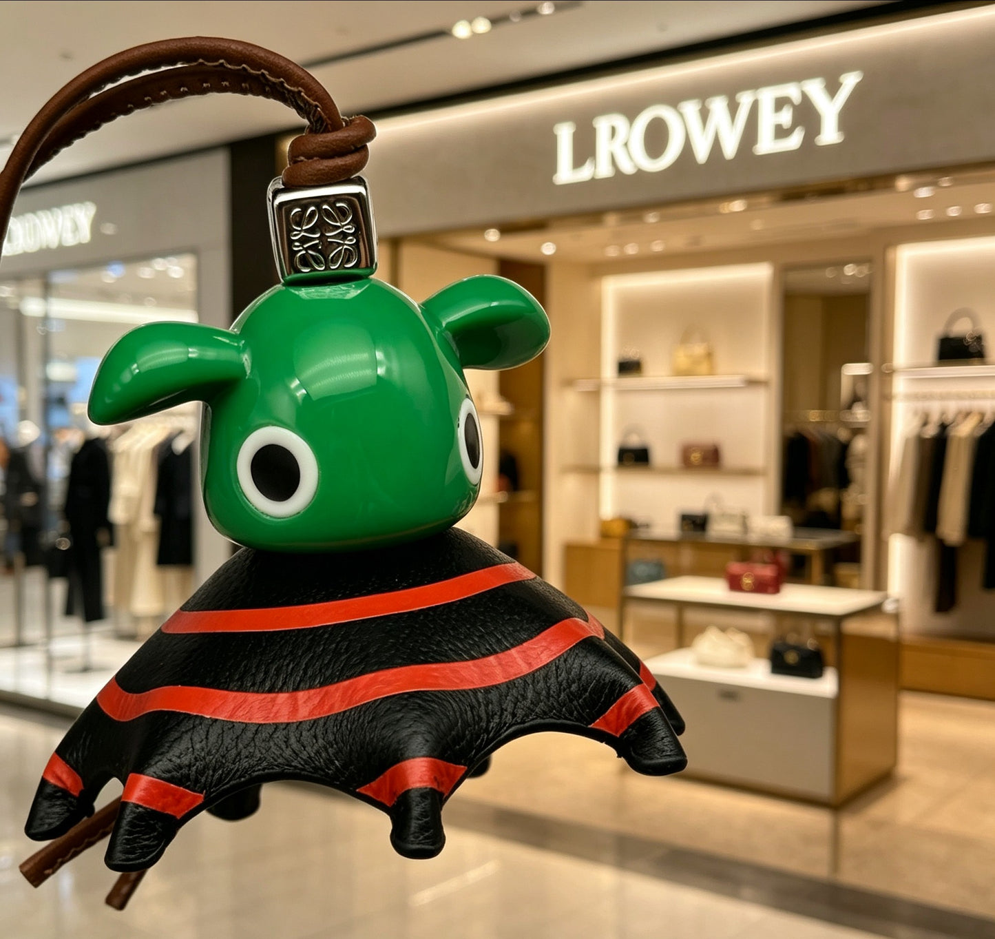 Elephant Motif Bag Charm in Polished Metal-Tone with Leather Detail – Design 01 detail view